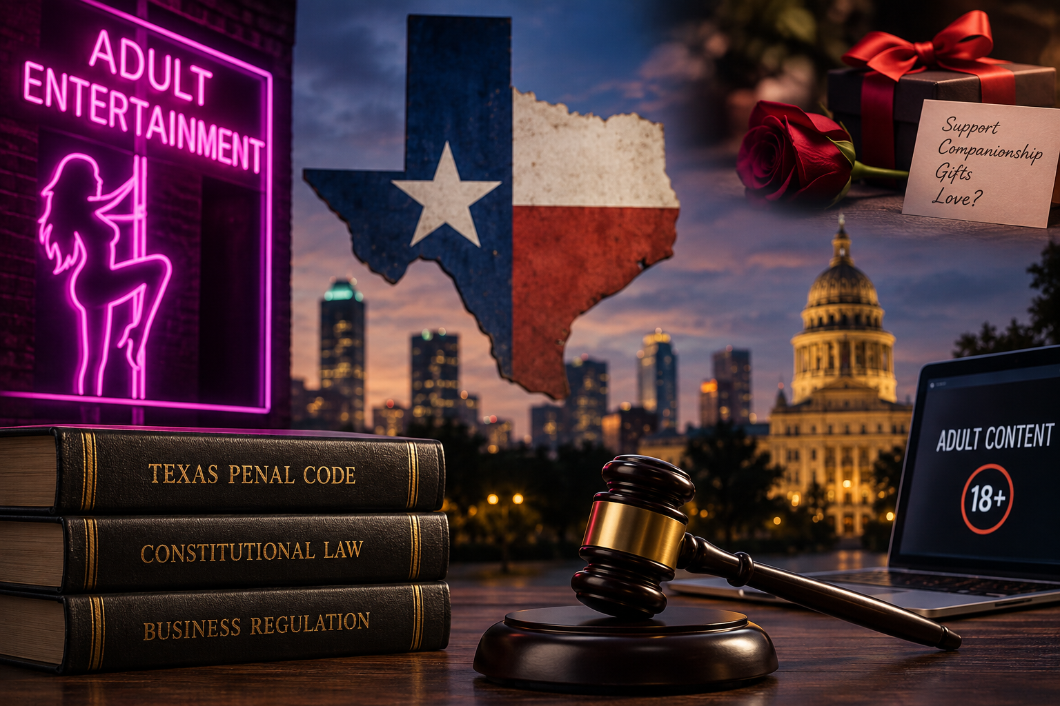 Texas legal illustration featuring a gavel, Texas Penal Code books, Texas flag, adult entertainment neon sign, 18+ online content, and symbols of gifts and companionship representing laws involving strip clubs, pornography, sugar relationships, and prostitution.