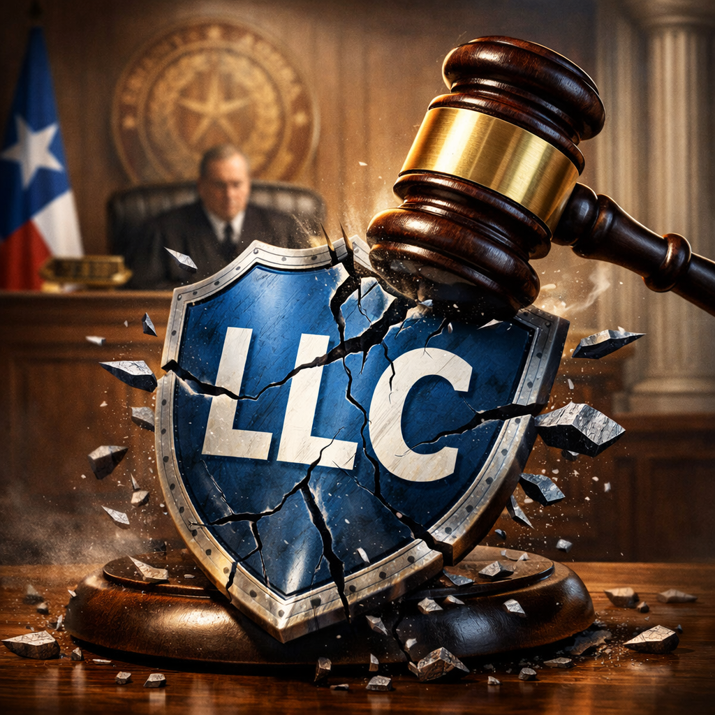 Illustration of a Texas courtroom with a judge’s gavel striking a cracked shield labeled “LLC,” symbolizing piercing the corporate veil and personal liability under Texas business law.
