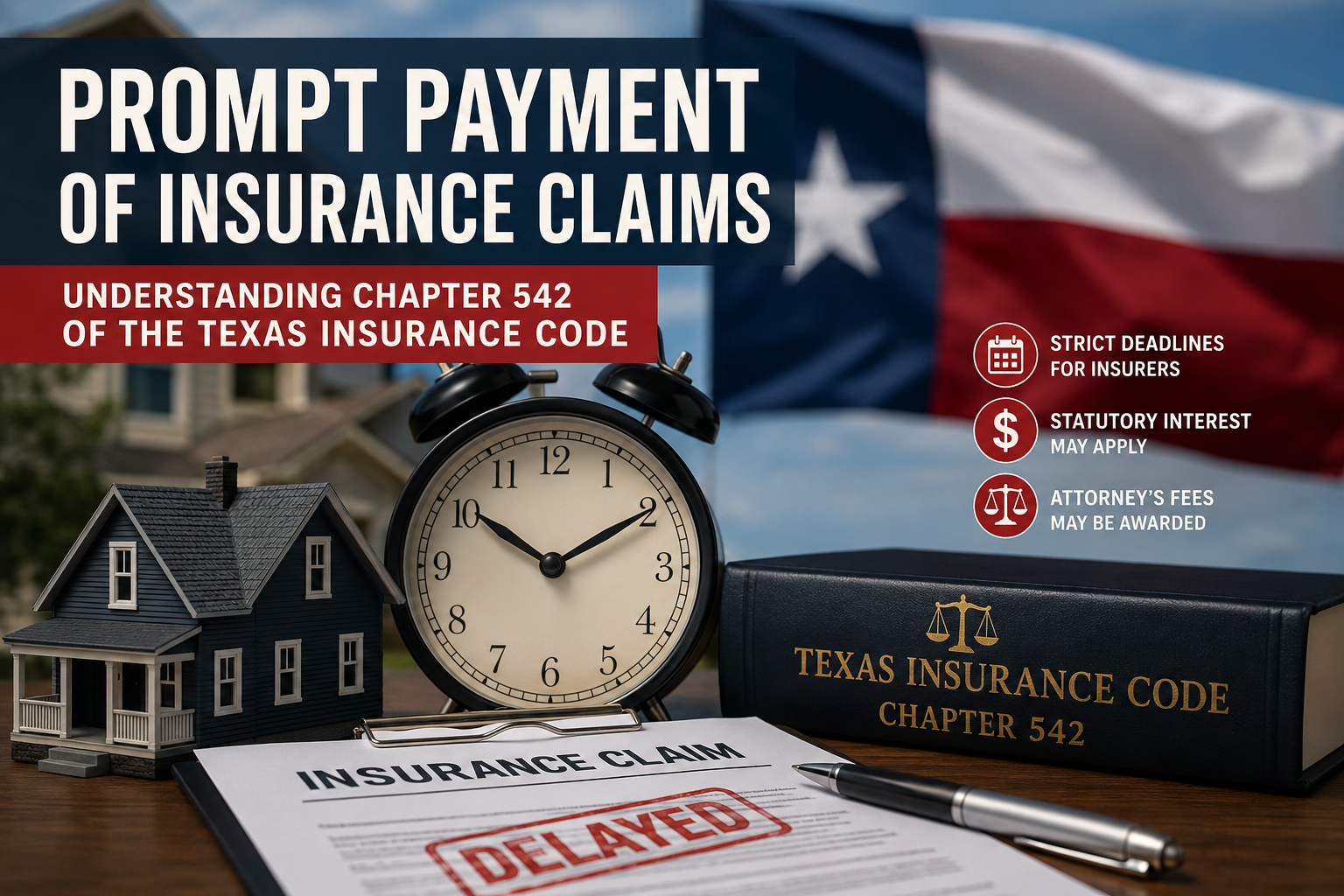 Texas Prompt Payment of Insurance Claims under Chapter 542 of the Texas Insurance Code featuring a model home, insurance claim marked delayed, alarm clock representing statutory deadlines, Texas flag, and legal reference book illustrating Texas insurance law, insurance claim delays, attorney's fees, and prompt payment requirements.