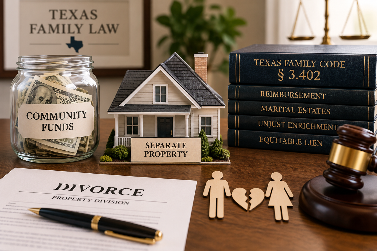 Texas divorce reimbursement illustration showing community funds benefiting separate property, with Texas Family Code § 3.402, a house, divorce papers, and a judge’s gavel.