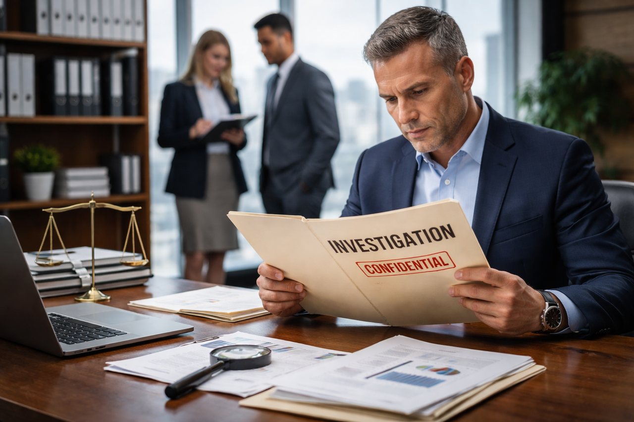 Business owner reviewing employee file in a modern Texas office during a workplace investigation, legal documents visible on desk.