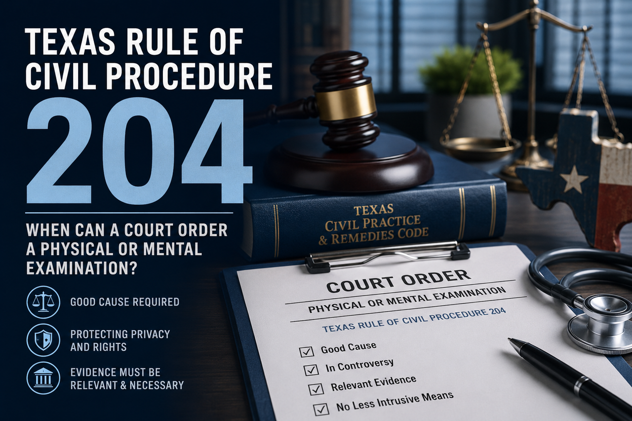 A Texas judge's gavel rests atop a law book beside a clipboard labeled "Court Order – Physical or Mental Examination," with a stethoscope, scales of justice, and Texas flag decor in the background. Large text reads "Texas Rule of Civil Procedure 204" and highlights when Texas courts may order physical or mental examinations during civil litigation, emphasizing good cause, privacy rights, and relevant evidence.