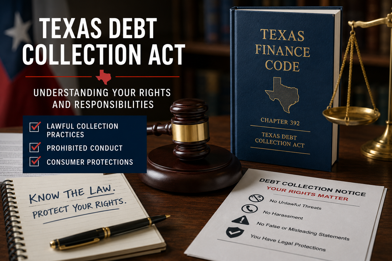 Texas Debt Collection Act illustration showing a judge's gavel, the Texas Finance Code Chapter 392, legal documents, and scales of justice representing lawful debt collection practices and consumer protections in Texas.