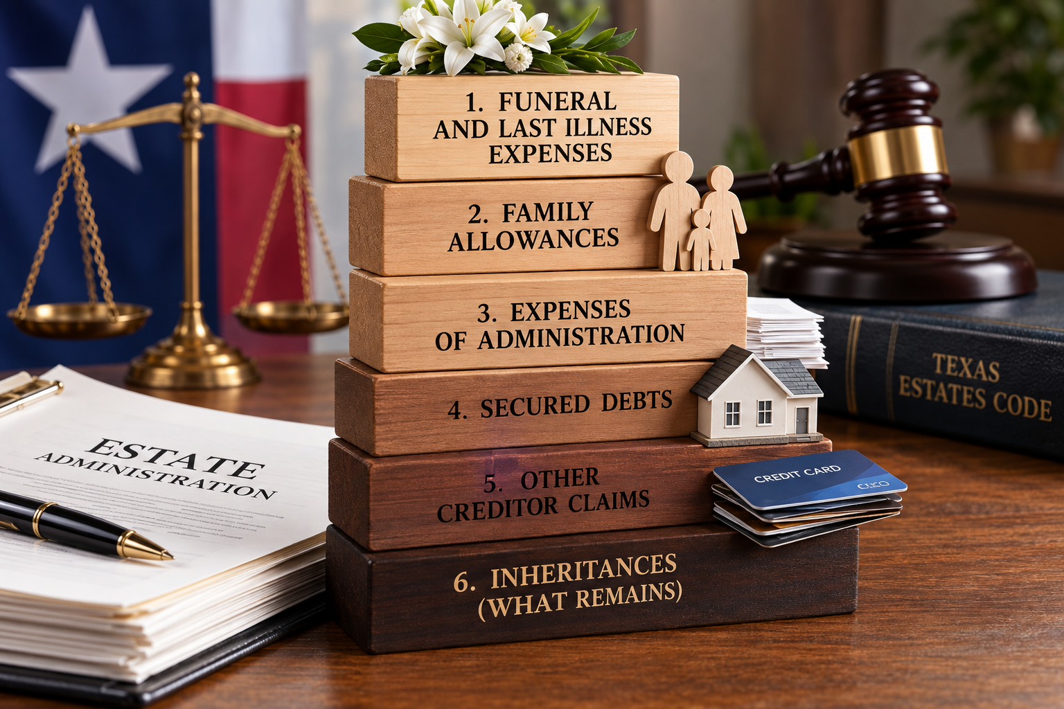 Texas probate illustration showing the priority of estate debts, including funeral and last-illness expenses, family allowances, administration expenses, secured debts, creditor claims, and remaining inheritances.