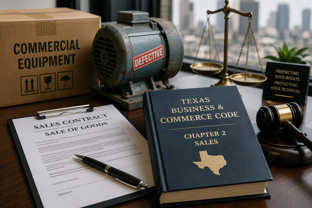 Commercial sales contract, defective business equipment, and the Texas Business & Commerce Code on a lawyer's desk, representing implied warranties, UCC sales law, breach of warranty disputes, and Texas business litigation.