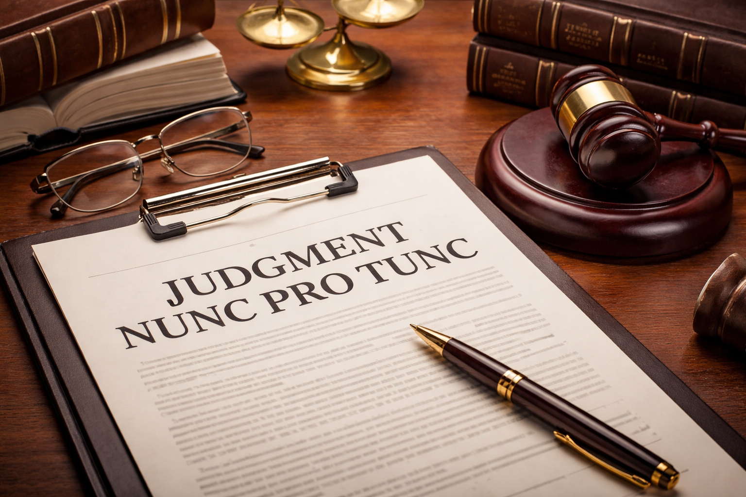 Close-up of a legal desk featuring a document titled “Judgment Nunc Pro Tunc” on a clipboard, with a gavel, law books, reading glasses, and a pen arranged around it.