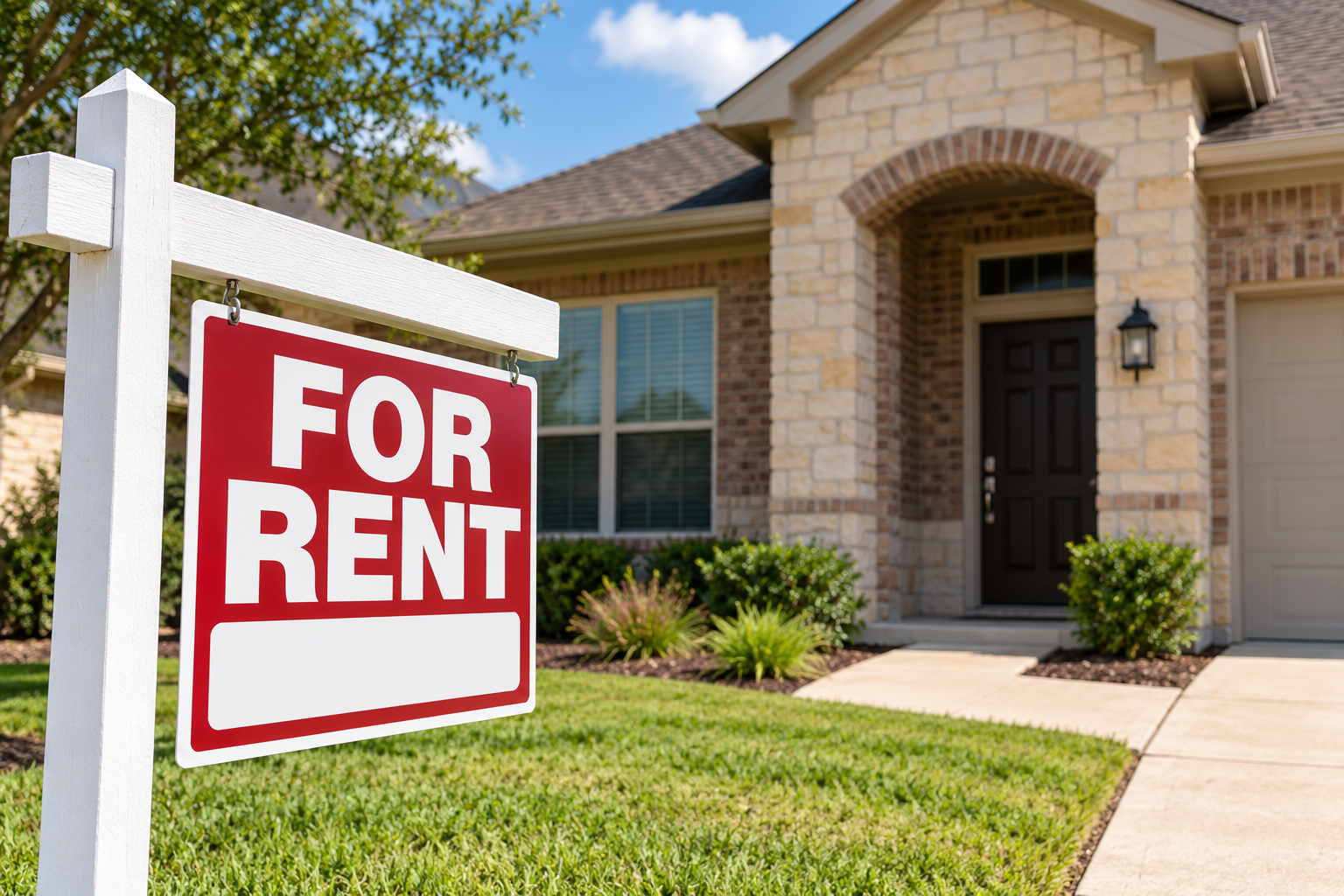 Texas suburban rental home with a For Rent sign illustrating a landlord’s duty to mitigate damages after a tenant breaks a lease under Texas Property Code § 91.006.