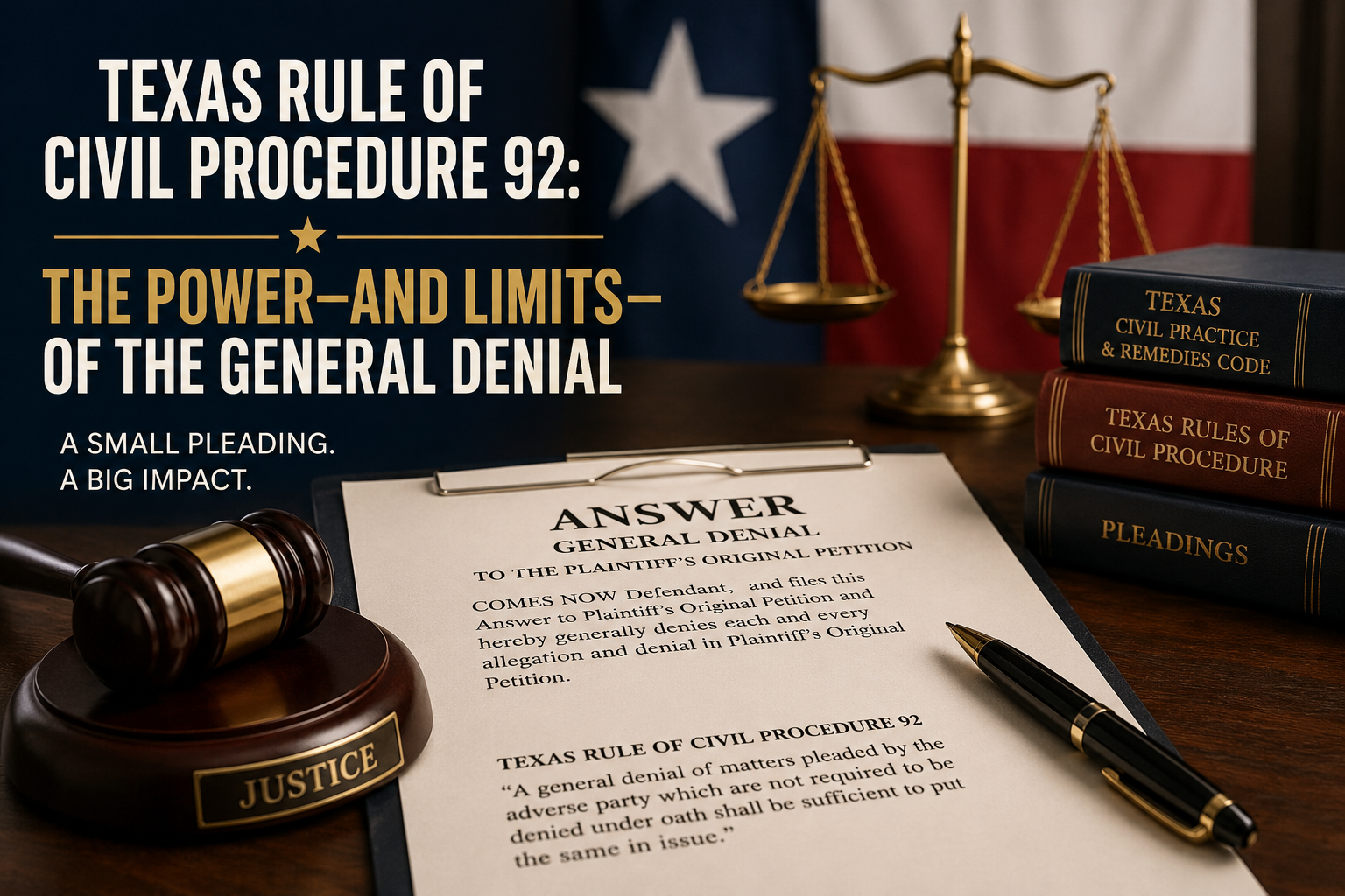 Texas Rule 92 general denial pleading with gavel, scales of justice, legal books, and Texas flag representing civil litigation defense in Texas courts.