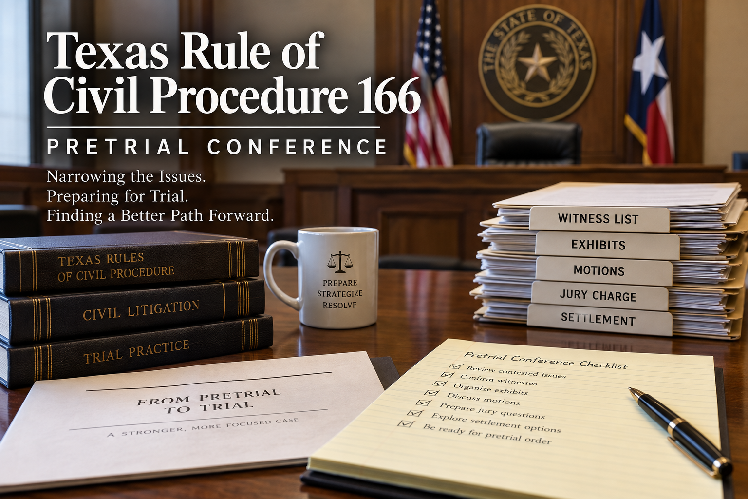 Texas Rule of Civil Procedure 166 pretrial conference with courtroom, Texas flag, civil procedure books, witness and exhibit files, and trial preparation checklist.