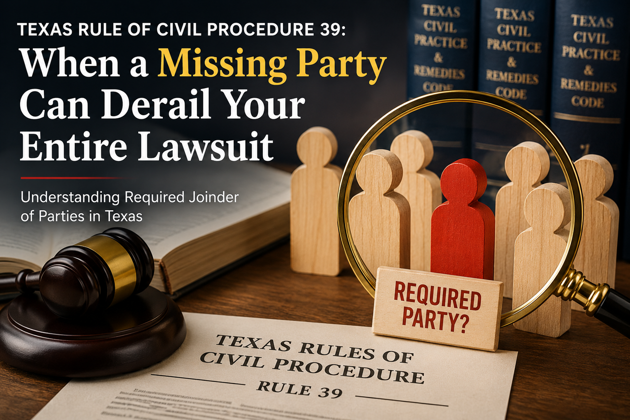 Texas Rule 39 required joinder of parties illustration showing a missing party issue in Texas civil litigation.
