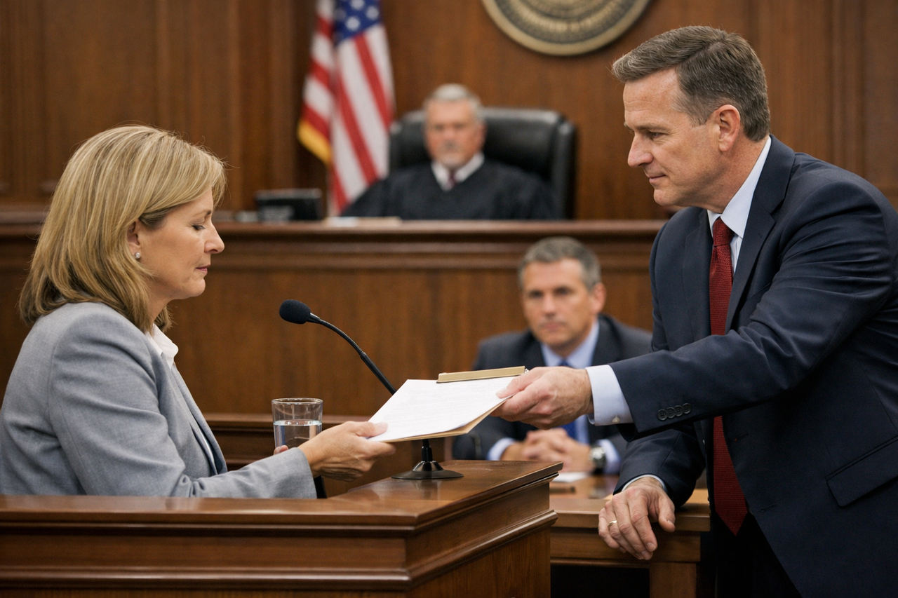 Attorney showing a witness a document in court to refresh memory while opposing counsel observes, illustrating Texas Rule of Evidence 612 in action.