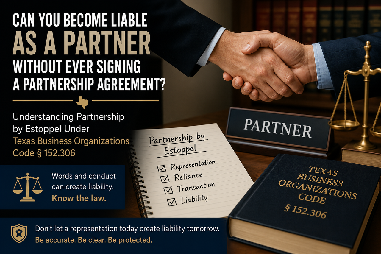 Professional legal illustration depicting two business professionals shaking hands in front of law books and a scales of justice statue, alongside a legal notebook and the Texas Business Organizations Code. The image represents partnership by estoppel under Texas Business Organizations Code § 152.306 and highlights how words and conduct can create legal liability even without a formal partnership agreement.