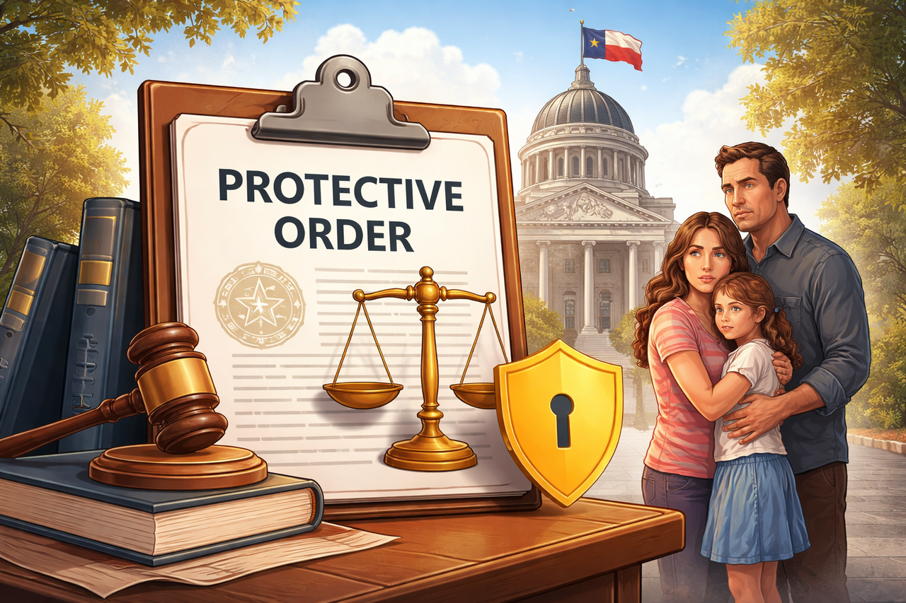 Illustration of a Texas courthouse with a protective order document, legal scales of justice, and a concerned family in the background, representing Texas protective orders, restraining orders, and family law protection under Texas law.