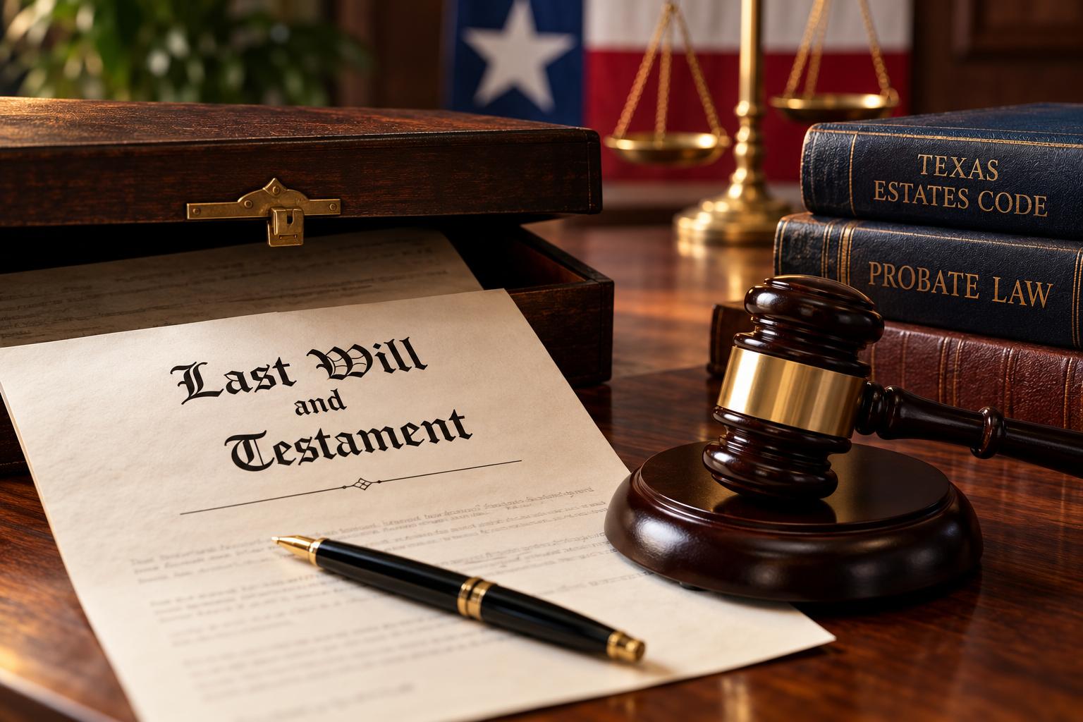 Last Will and Testament beside a judge’s gavel, wooden document box, and Texas Estates Code law books, illustrating Texas probate law, concealed wills, inheritance disputes, and legal consequences for withholding an original will.