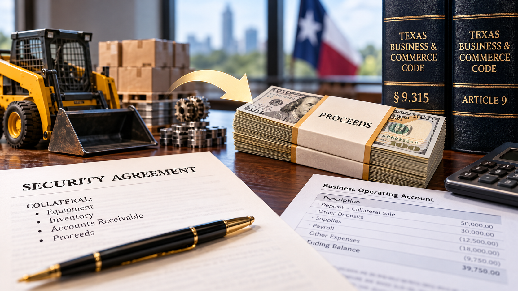 Illustration of Texas Business & Commerce Code § 9.315 showing secured business equipment, a security agreement, cash proceeds, and financial records demonstrating how a lender's security interest may follow collateral after its sale.