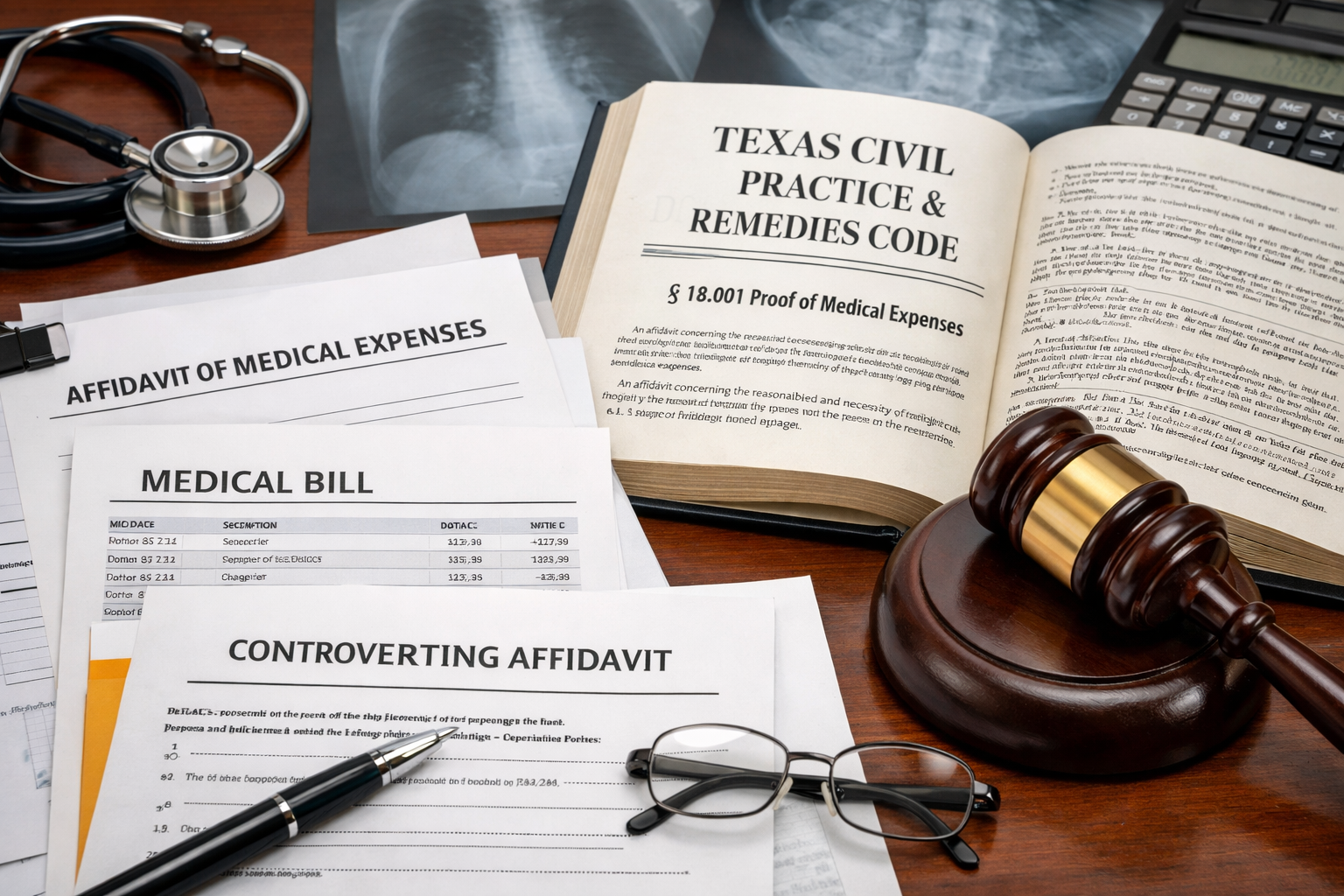 Stack of medical bills and legal documents on a desk with a gavel, representing proof of medical expenses in Texas litigation under § 18.001.