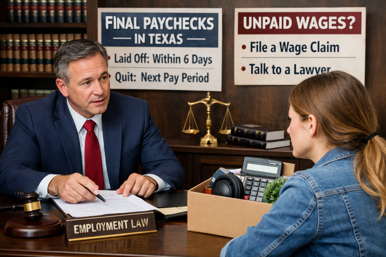 Texas employment lawyer explaining final paycheck rights and unpaid wages laws to employee in office setting