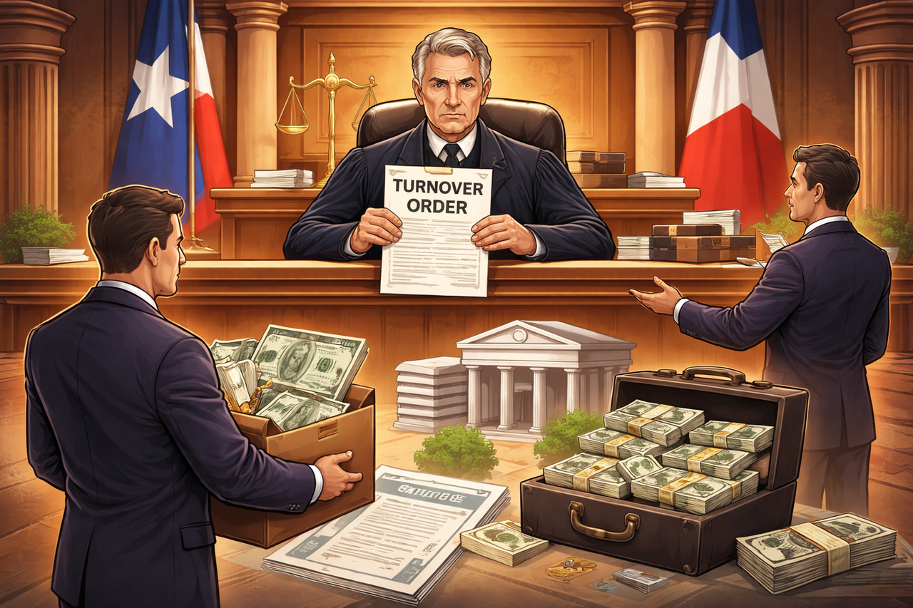 Illustration representing a Texas court enforcing a judgment through a turnover order, showing a judge overseeing asset recovery, business accounts, and financial records under Texas post-judgment collection law.