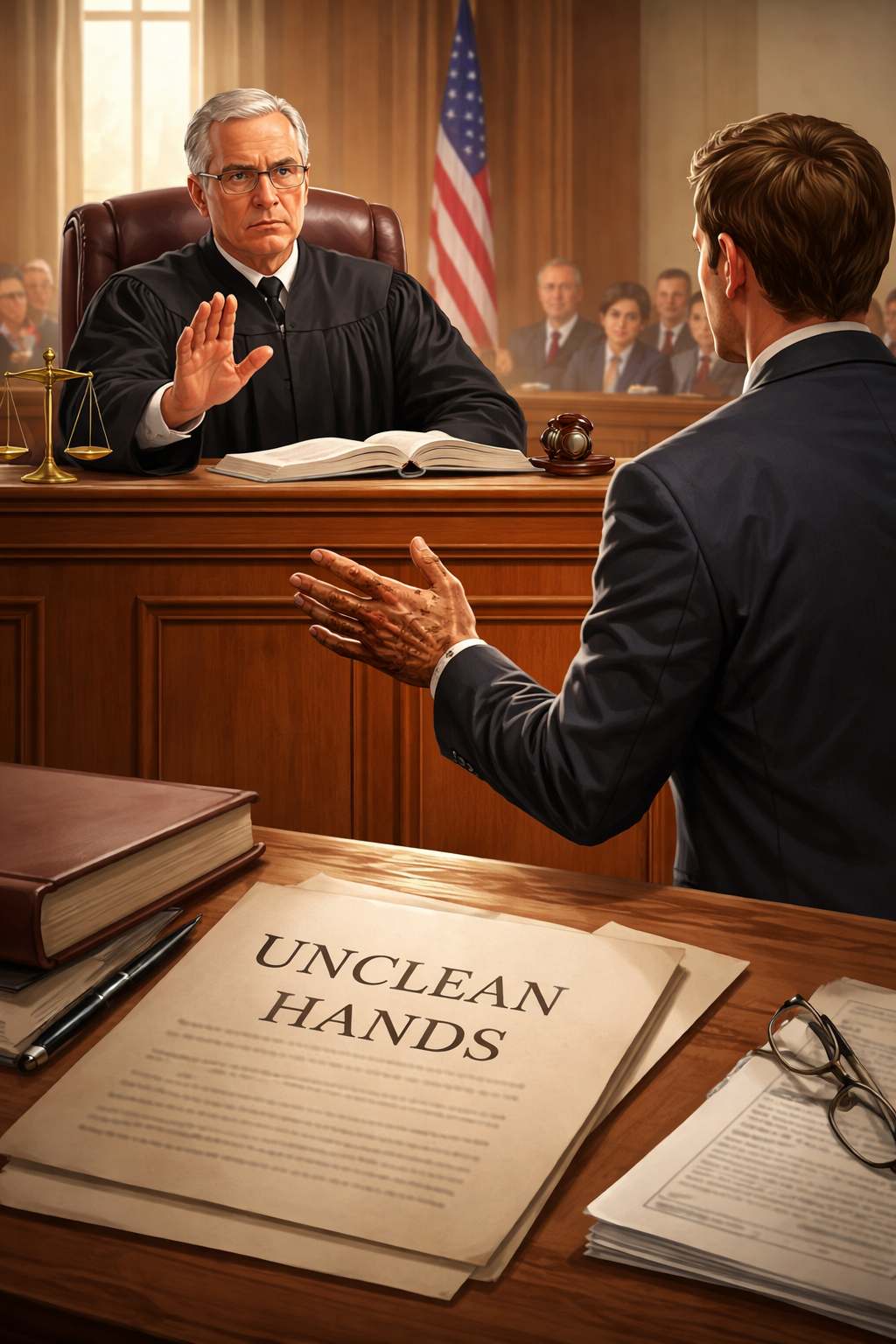 A courtroom scene where a judge refuses relief to a litigant with visibly stained hands, symbolizing the doctrine of unclean hands in Texas law.