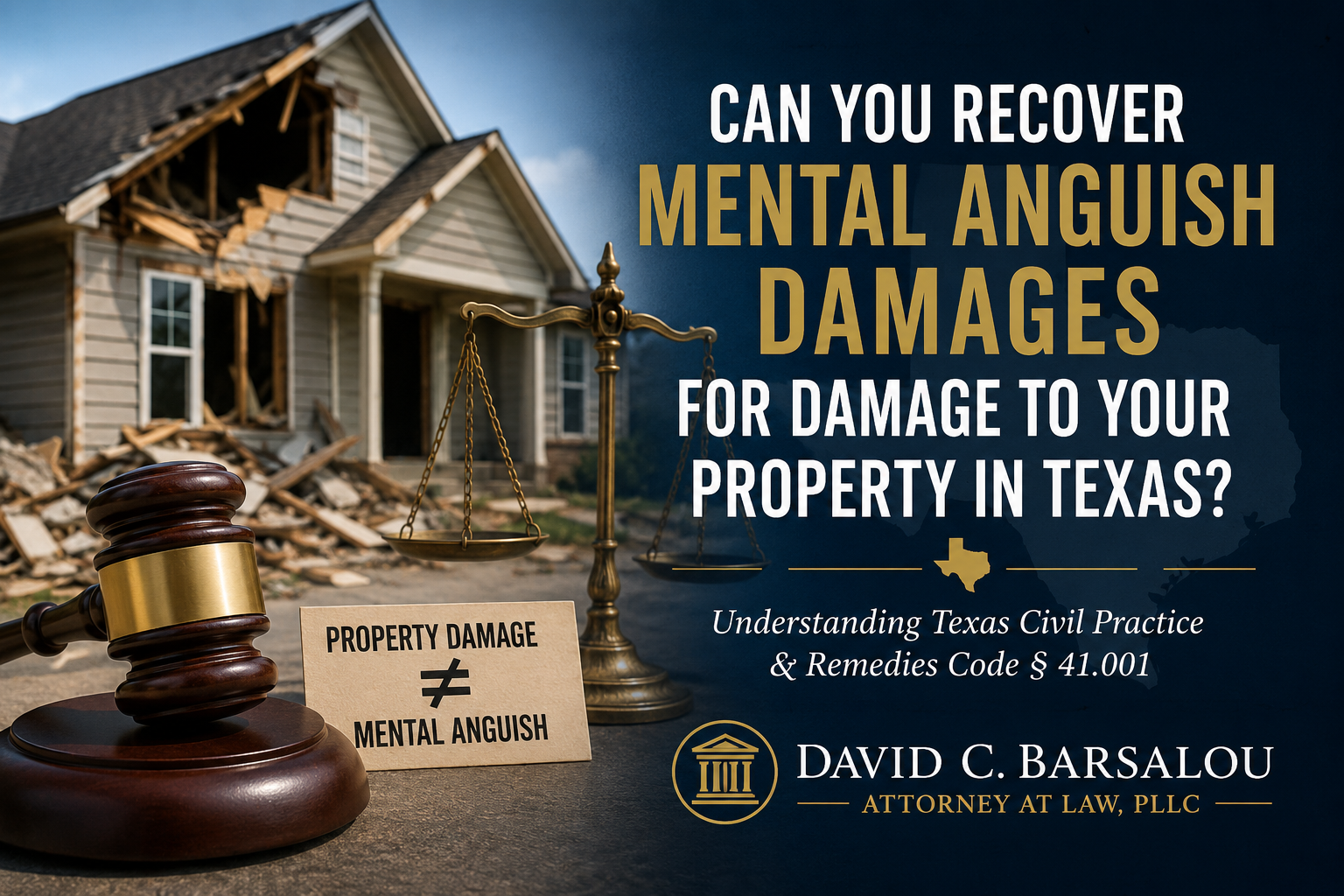 A legal blog banner featuring a damaged suburban home with collapsed walls and debris in the background, alongside a judge's gavel, scales of justice, and a sign reading "Property Damage ≠ Mental Anguish." Bold text asks, "Can You Recover Mental Anguish Damages for Damage to Your Property in Texas?" with a reference to Texas Civil Practice & Remedies Code § 41.001. The design uses a dark blue and gold color scheme with Texas-themed legal branding.