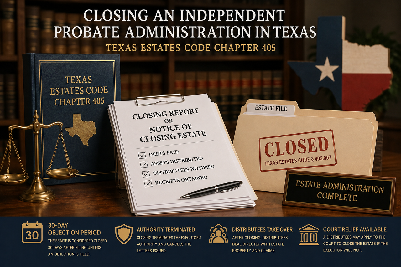 Texas probate law illustration showing a Texas Estates Code Chapter 405 book, scales of justice, a closing report or notice of closing estate, and an estate file stamped “Closed,” representing the completion of an independent probate administration in Texas.
