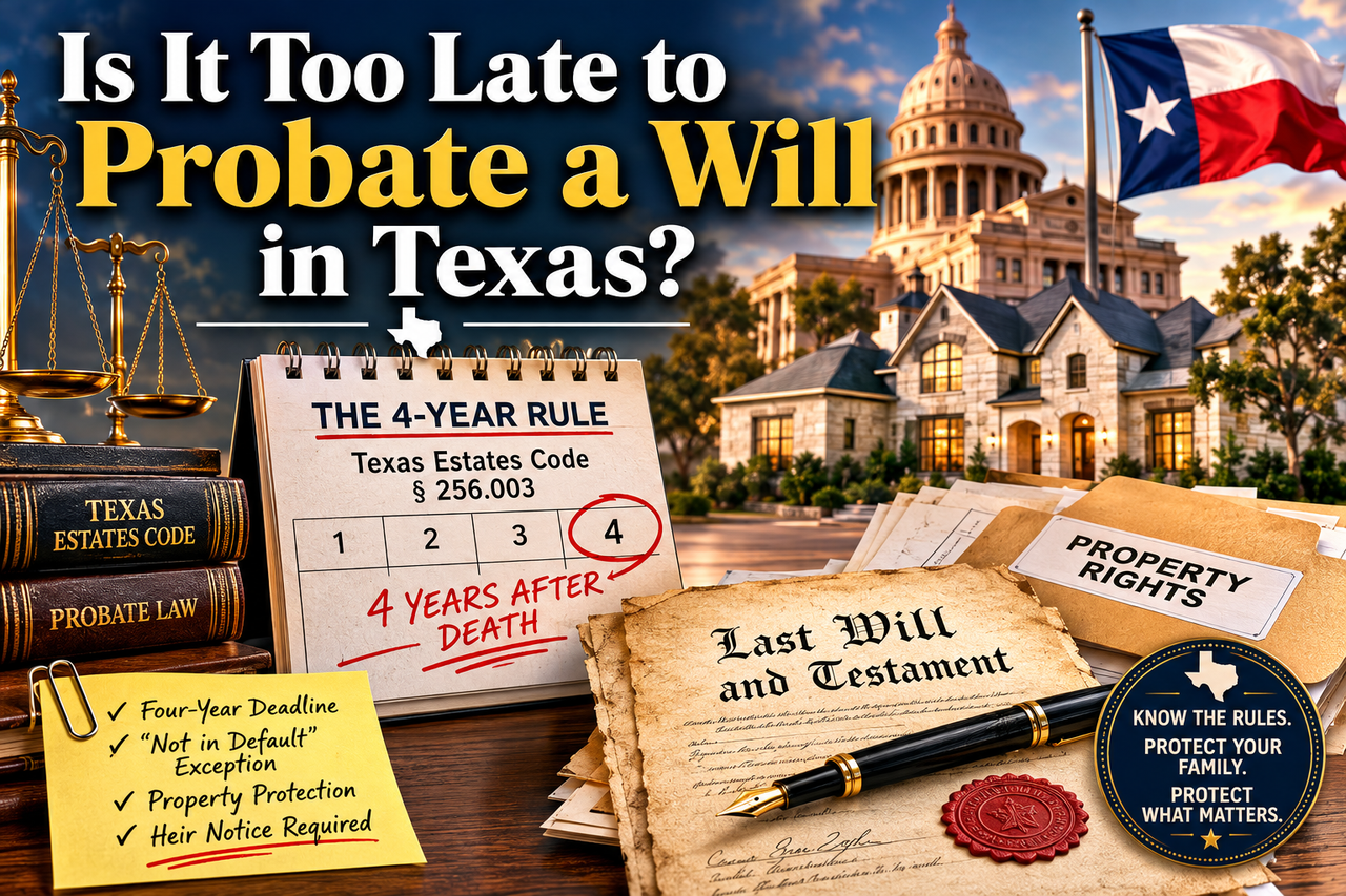 Texas probate infographic featuring a Last Will and Testament, four-year deadline calendar, Texas Capitol, estate property, and Texas Estates Code § 256.003, illustrating the deadline and “not in default” exception for probating a will in Texas.
