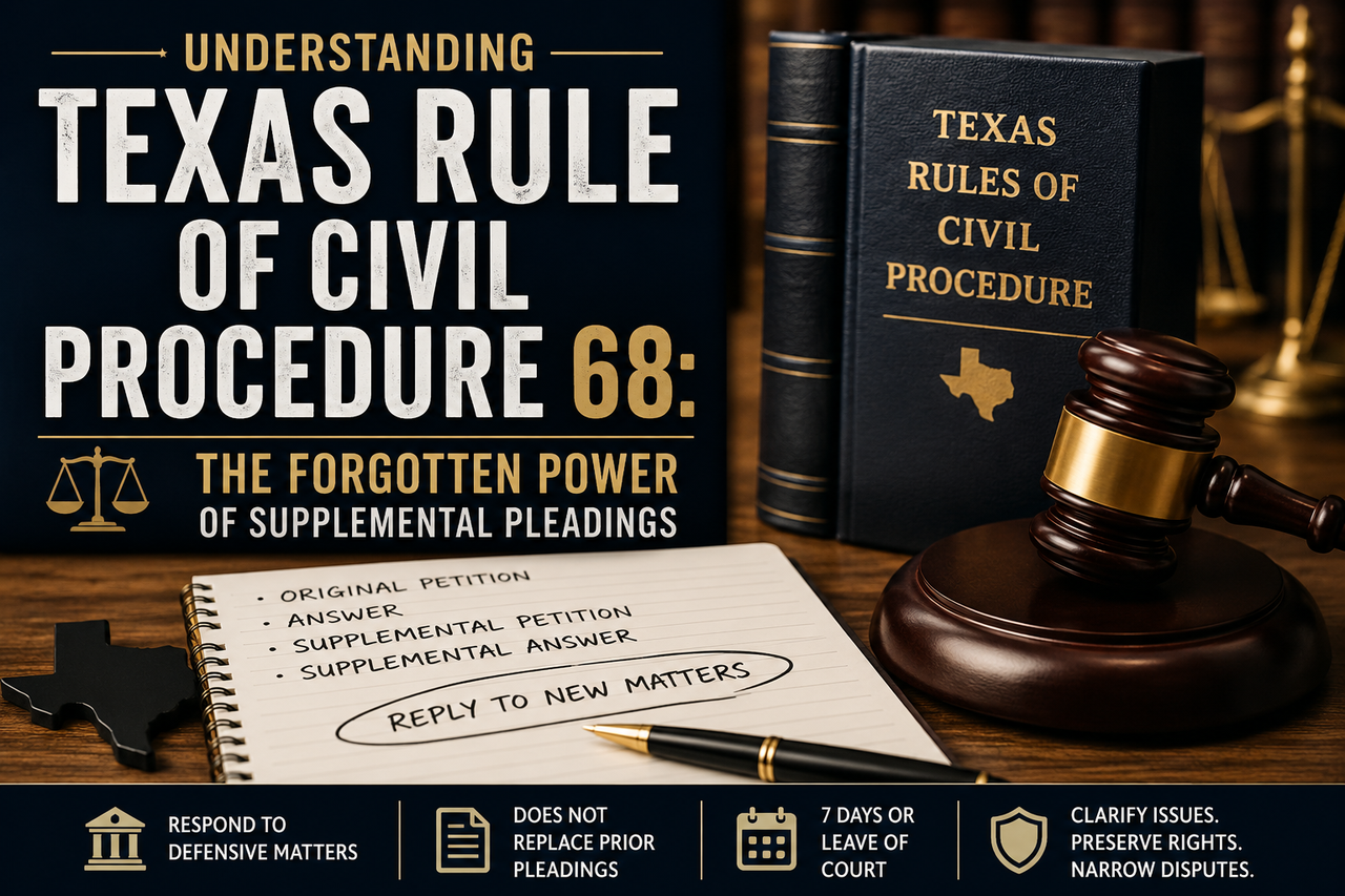 Texas Rule of Civil Procedure 68 legal graphic illustrating supplemental pleadings in Texas civil litigation, with a courtroom gavel, Texas Rules of Civil Procedure book, legal documents, and litigation strategy icons highlighting responses to affirmative defenses, leave of court, and supplemental petitions.