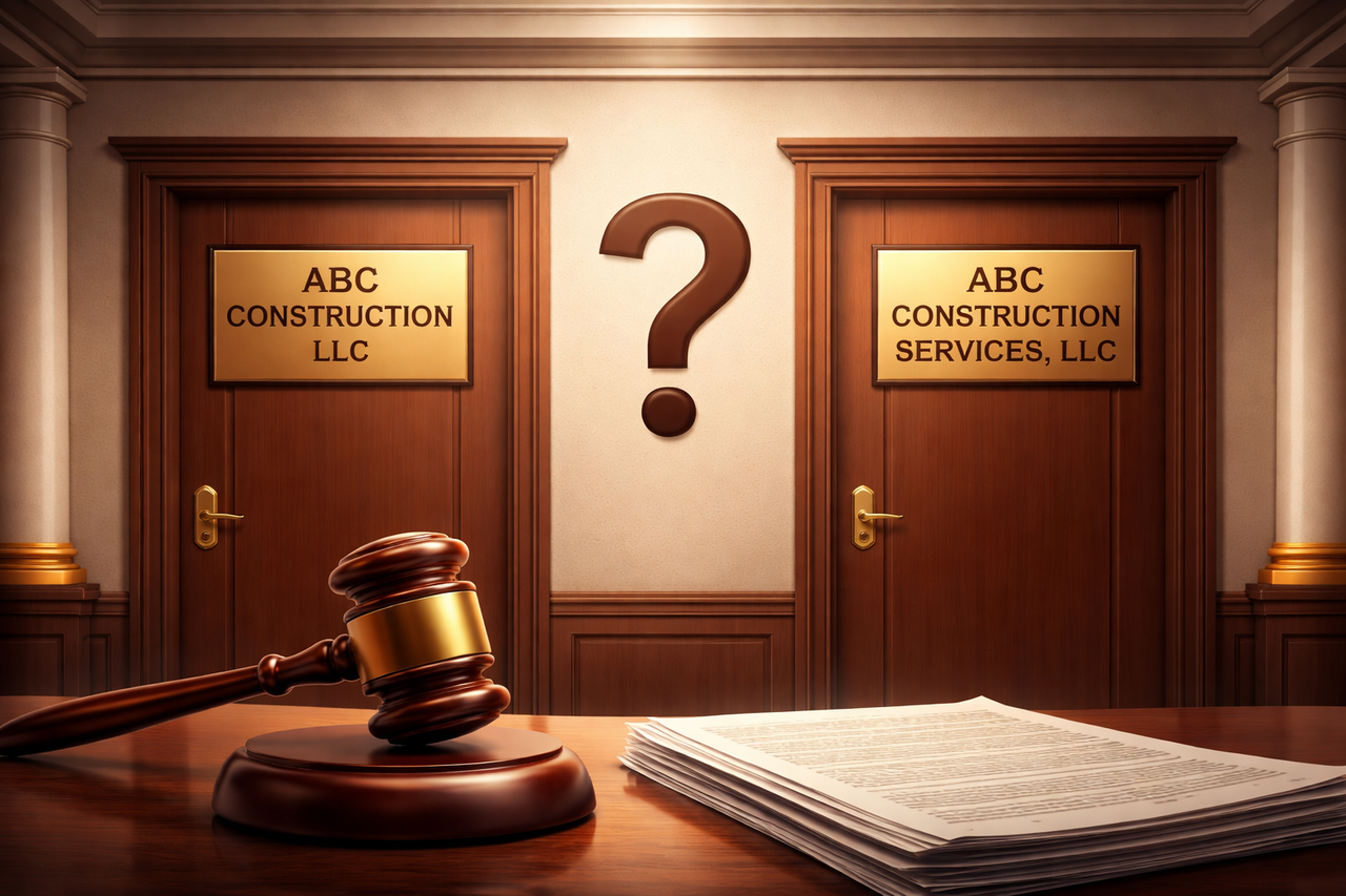 Illustration showing two similarly named companies in a Texas lawsuit to represent the legal distinction between misnomer and misidentification under Texas civil procedure.