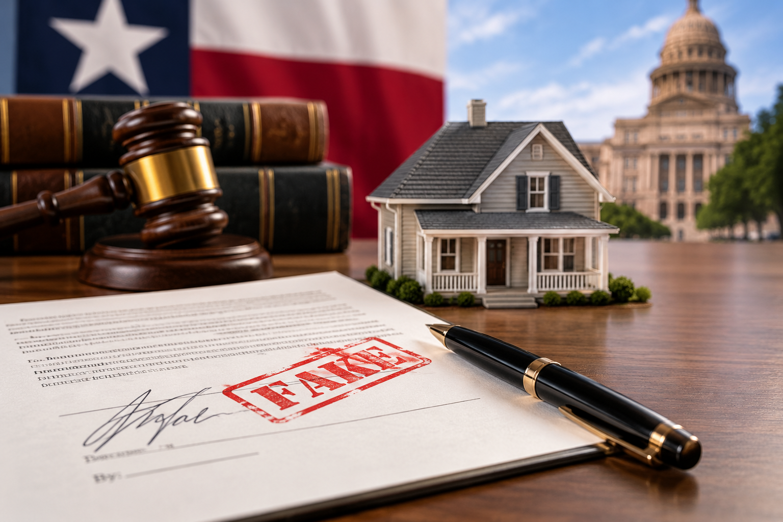 Texas property law concept showing a house, legal document marked fake, judge’s gavel, law books, and Texas flag, representing a forged deed and real estate title dispute.