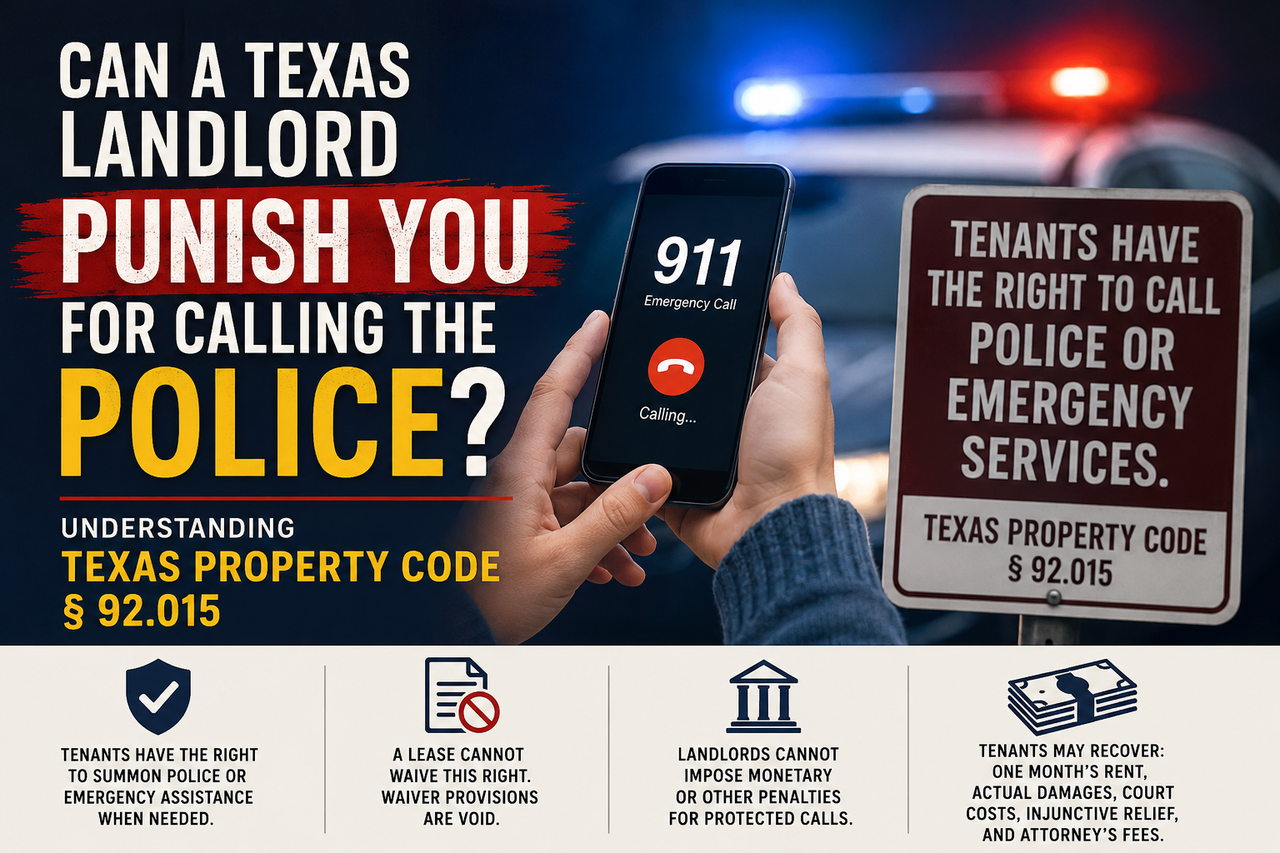 Texas tenant calling 911 with police lights in the background, illustrating tenant protections against landlord penalties for calling police or emergency services under Texas Property Code § 92.015.
