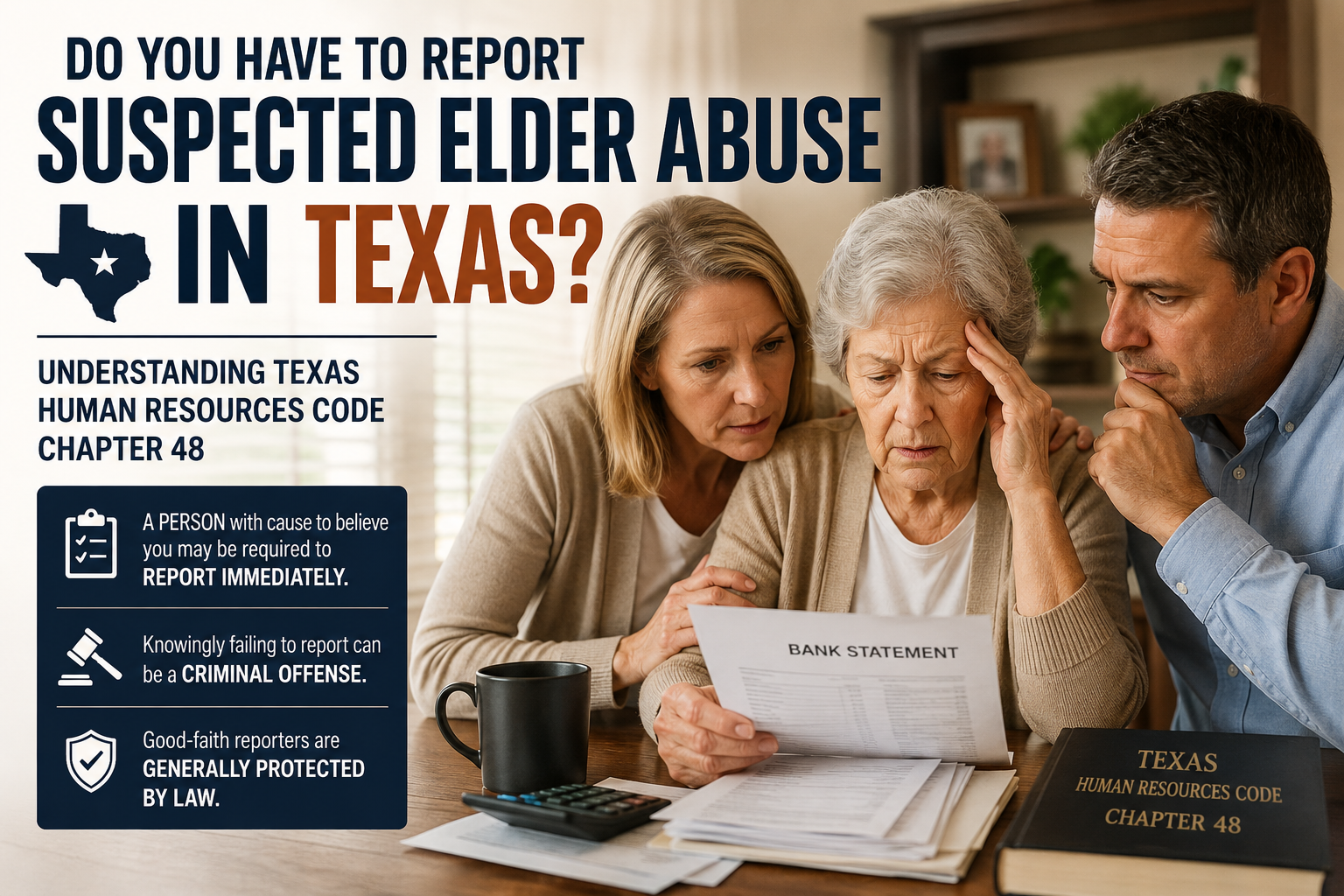 Elderly Texas woman reviewing a bank statement with concerned family members, illustrating suspected elder abuse, neglect, and financial exploitation reporting requirements under Texas Human Resources Code Chapter 48.