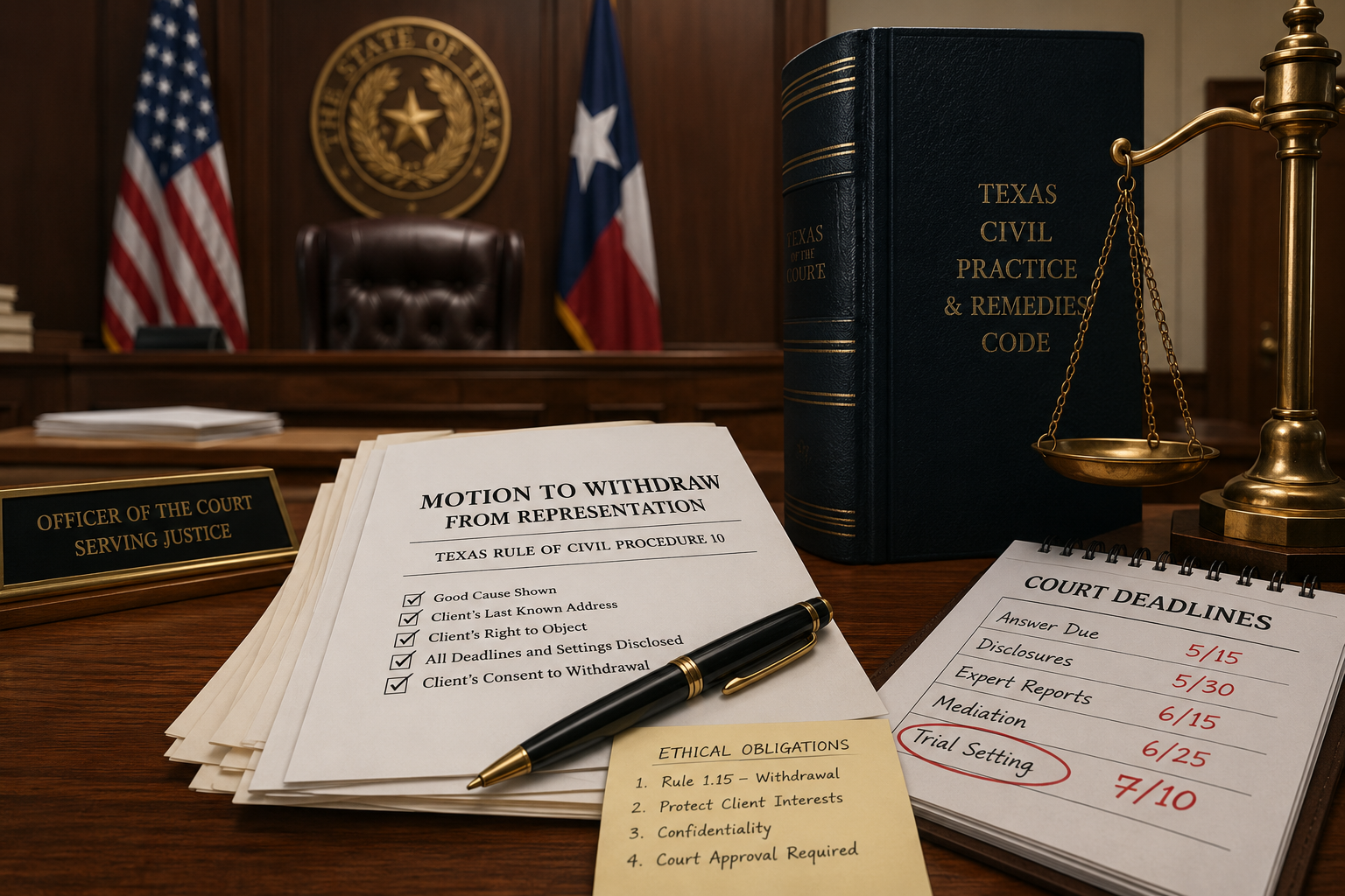Texas Rule of Civil Procedure 10 attorney withdrawal motion displayed in a Texas courtroom with litigation documents, court deadlines, legal reference materials, and judicial symbols illustrating the process for lawyer withdrawal from a pending lawsuit.