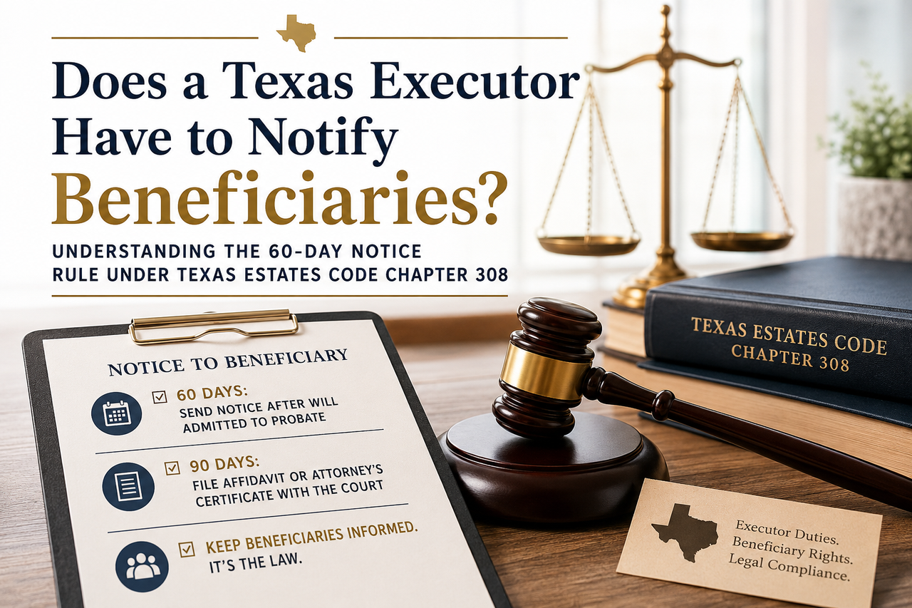 Texas probate infographic explaining an executor’s duty to notify beneficiaries, including the 60-day notice deadline and 90-day court filing requirement under Texas Estates Code Chapter 308.