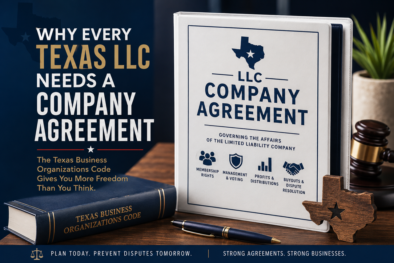 Professional legal illustration featuring a Texas LLC company agreement binder, the Texas Business Organizations Code, a judge's gavel, and Texas-themed legal imagery. The image represents how a well-drafted company agreement helps Texas LLC owners customize governance, protect member rights, and prevent business disputes under the Texas Business Organizations Code.