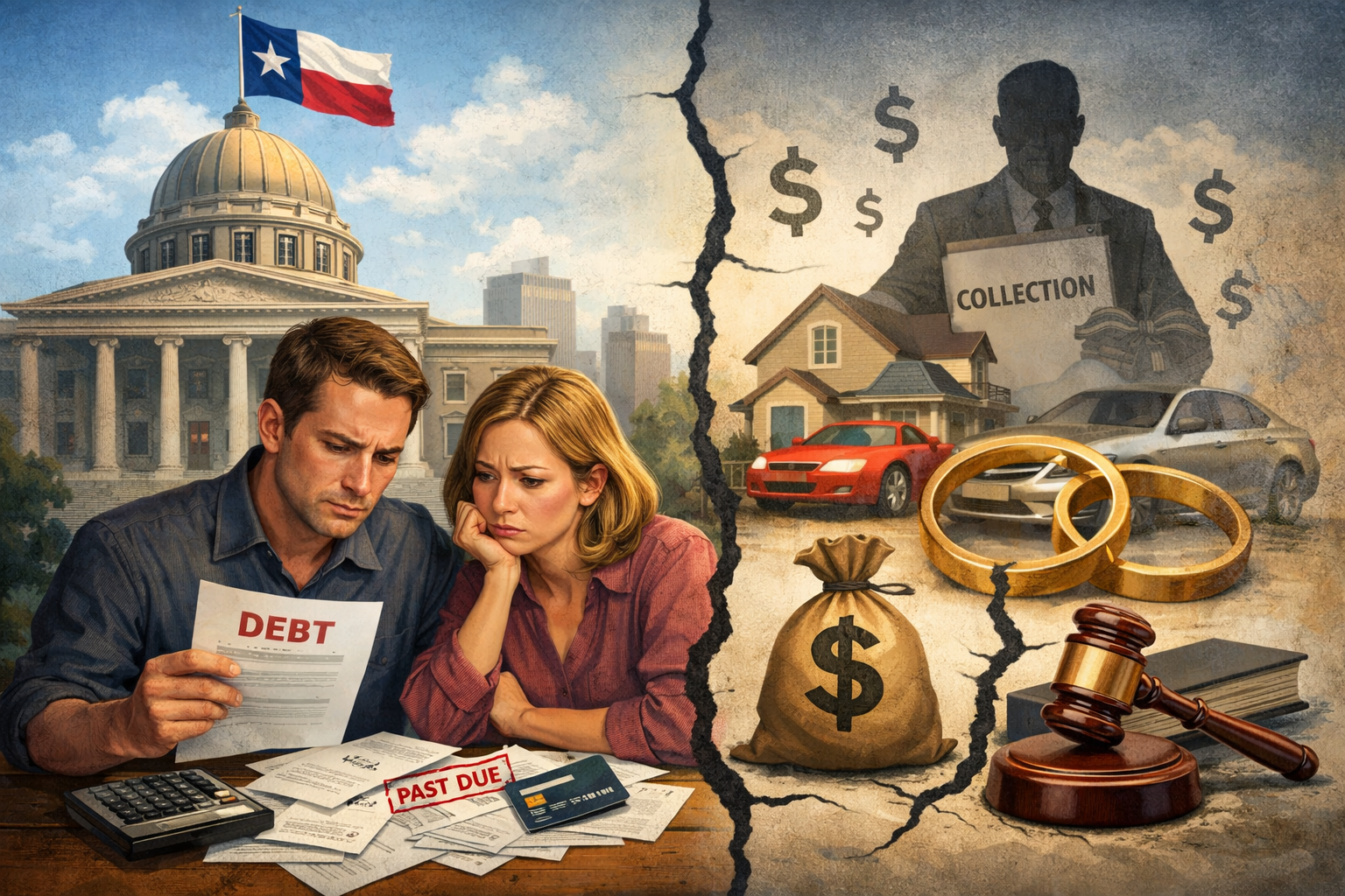Illustration of a married couple reviewing financial documents with a Texas courthouse in the background, representing community property debt and spousal liability under Texas law.