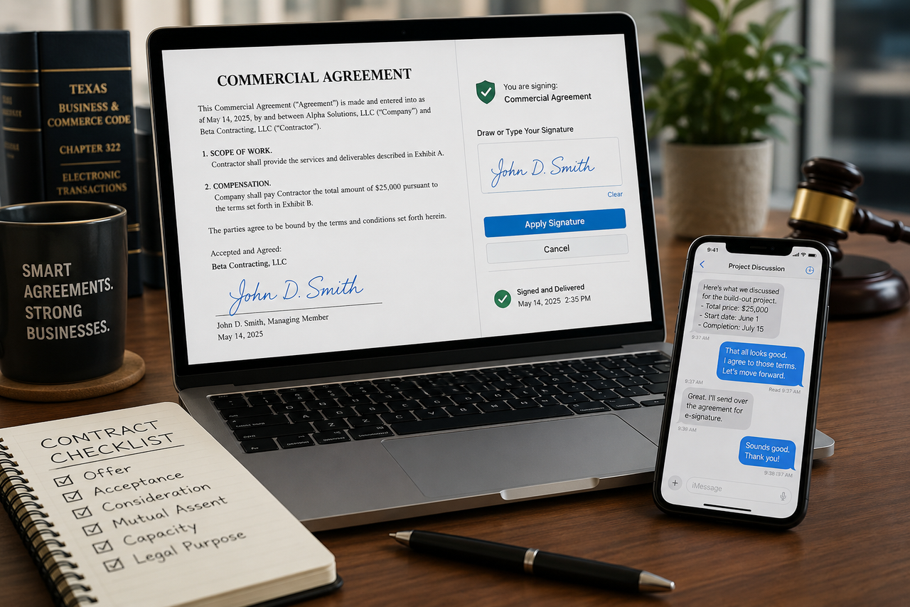 A laptop displaying a digitally signed commercial agreement sits on a lawyer's desk beside a smartphone showing contract negotiations by text message, illustrating electronic signatures and online contracts under the Texas Uniform Electronic Transactions Act.