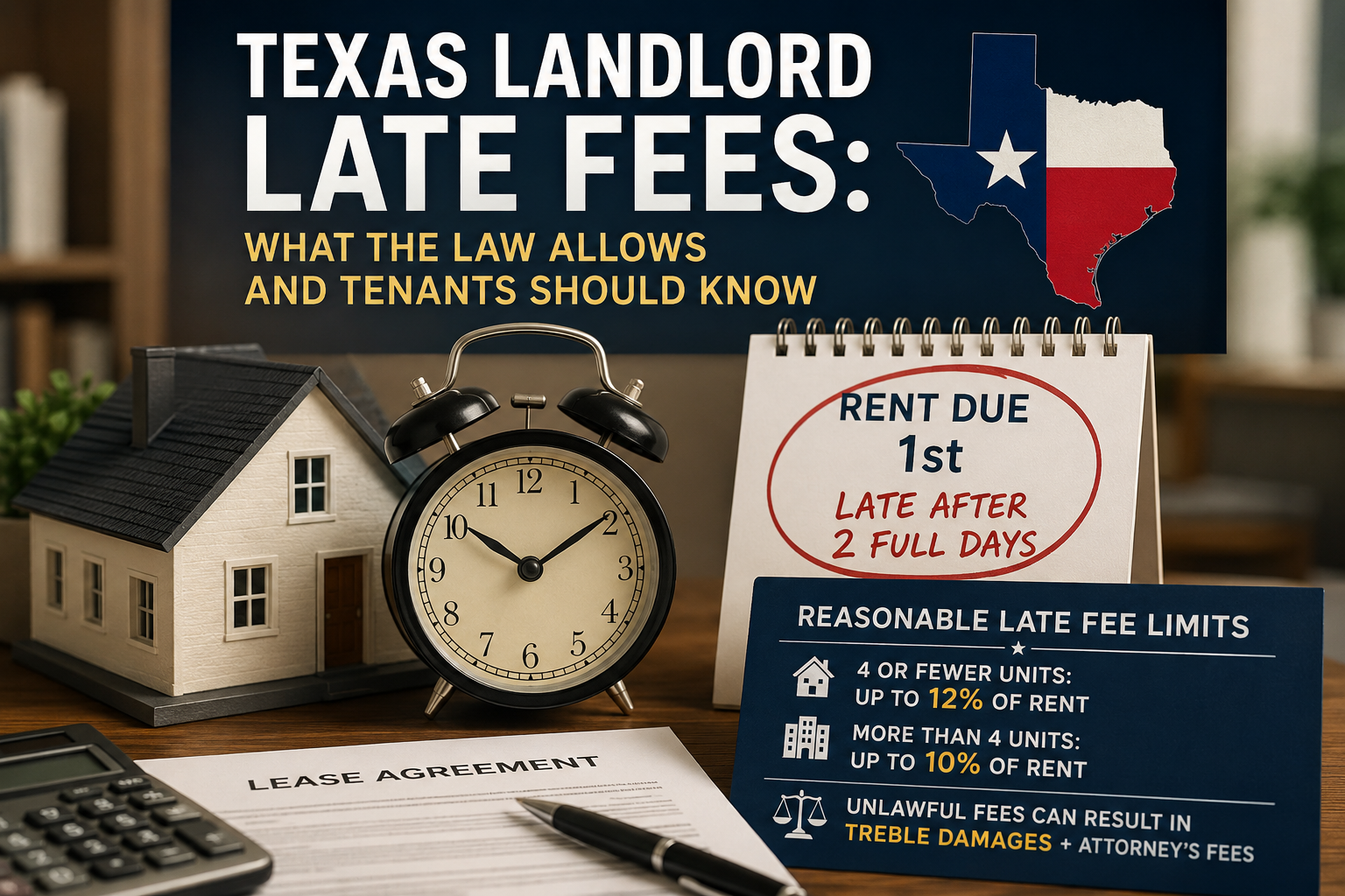 Texas landlord late fee rules under Texas Property Code §§ 92.019 and 92.0191, including the two-day waiting period and reasonable late fee limits.