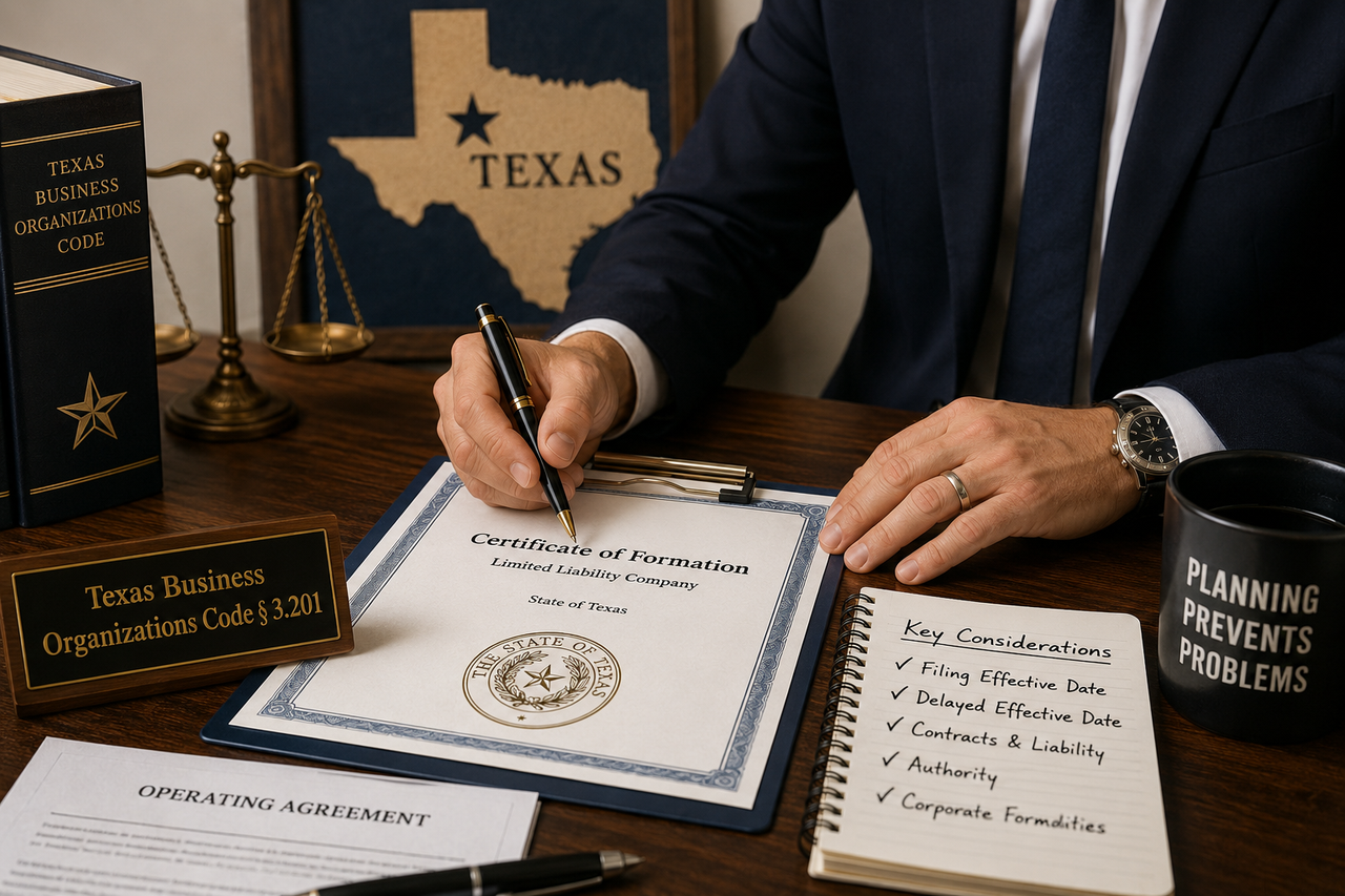 A professional office scene featuring a Texas Certificate of Formation on a clipboard beside an operating agreement, a copy of the Texas Business Organizations Code, scales of justice, and a Texas state silhouette. A business professional signs formation documents while a notebook highlights key considerations such as effective filing dates, delayed effectiveness, contracts, authority, and corporate formalities.