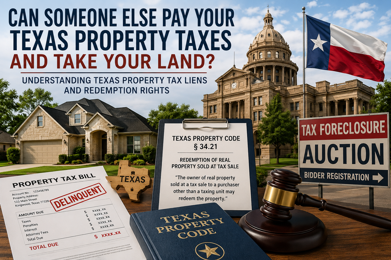 Illustration of a Texas home, delinquent property tax notice, Texas Property Code book, courthouse, auction sign, and judge's gavel representing Texas property tax liens, tax foreclosure sales, redemption rights, and Texas real estate law.
