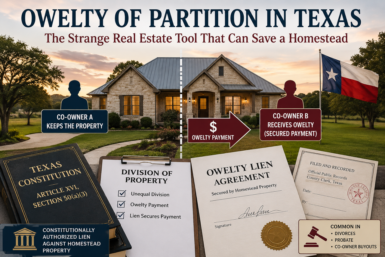 Texas owelty of partition infographic showing a homestead division, owelty lien agreement, and secured payment between co-owners under Texas Constitution Article XVI, Section 50(a)(3).