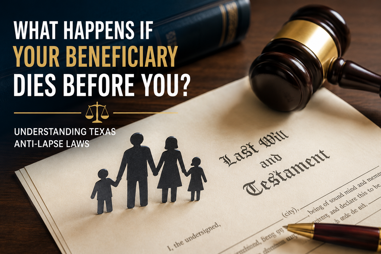 Texas anti-lapse laws illustration with will, gavel, and family figures representing inheritance passing to descendants when a beneficiary dies before the testator.