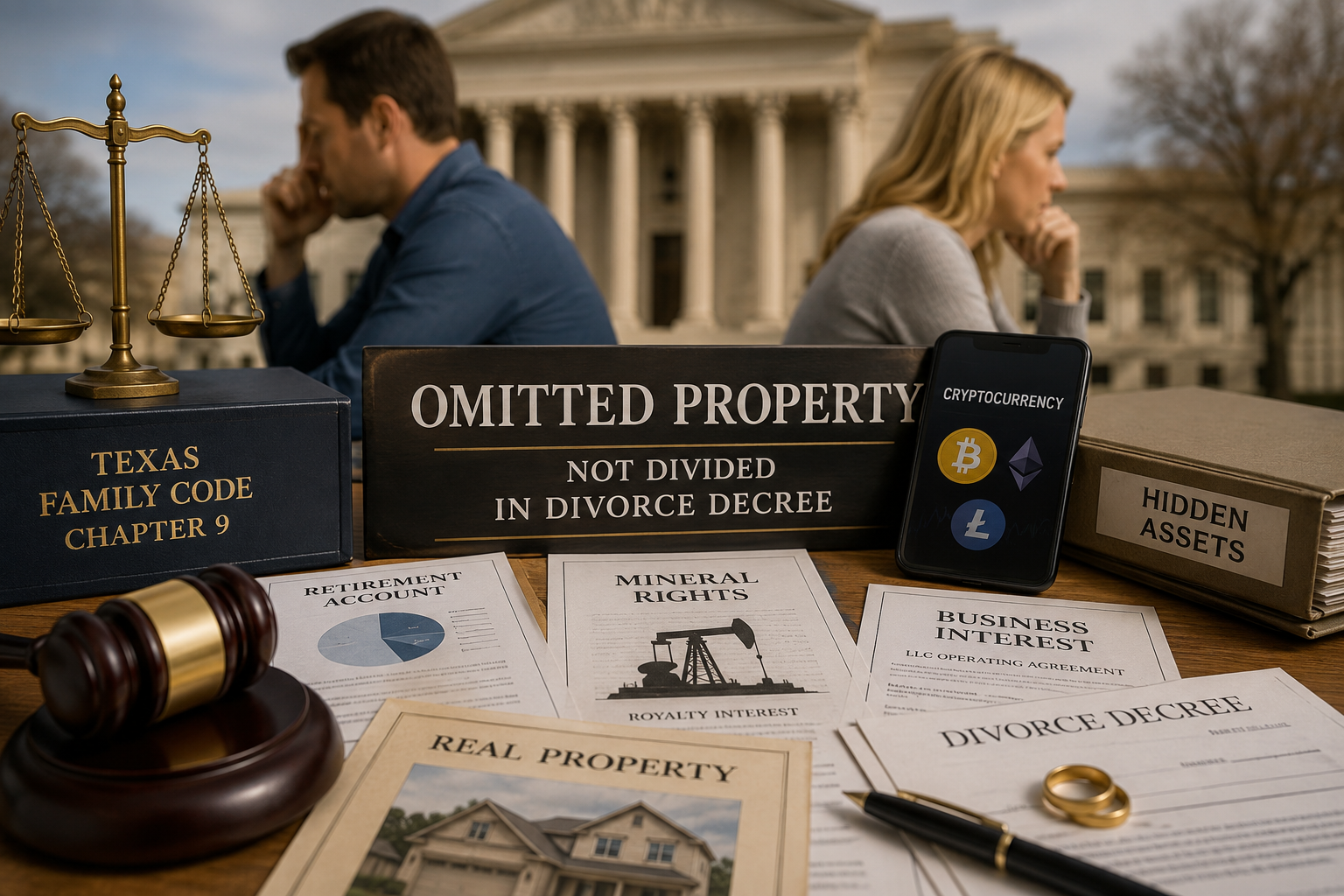 Texas omitted property divorce case involving retirement accounts, mineral rights, cryptocurrency, business interests, and post-divorce property division under Texas Family Code Chapter 9.