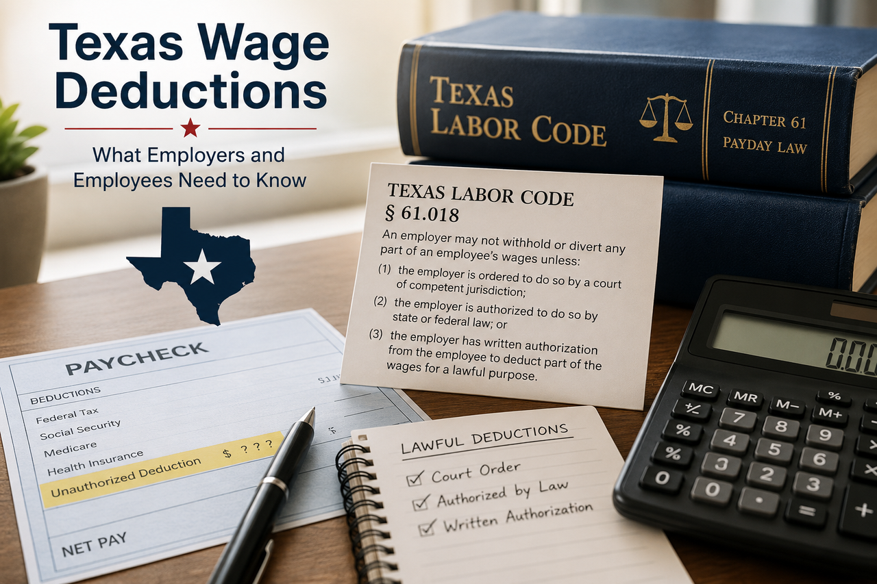 Texas wage deductions under Texas Labor Code § 61.018 illustrated with payroll documents, a calculator, paycheck, and Texas Labor Code book explaining when employers may lawfully deduct wages.