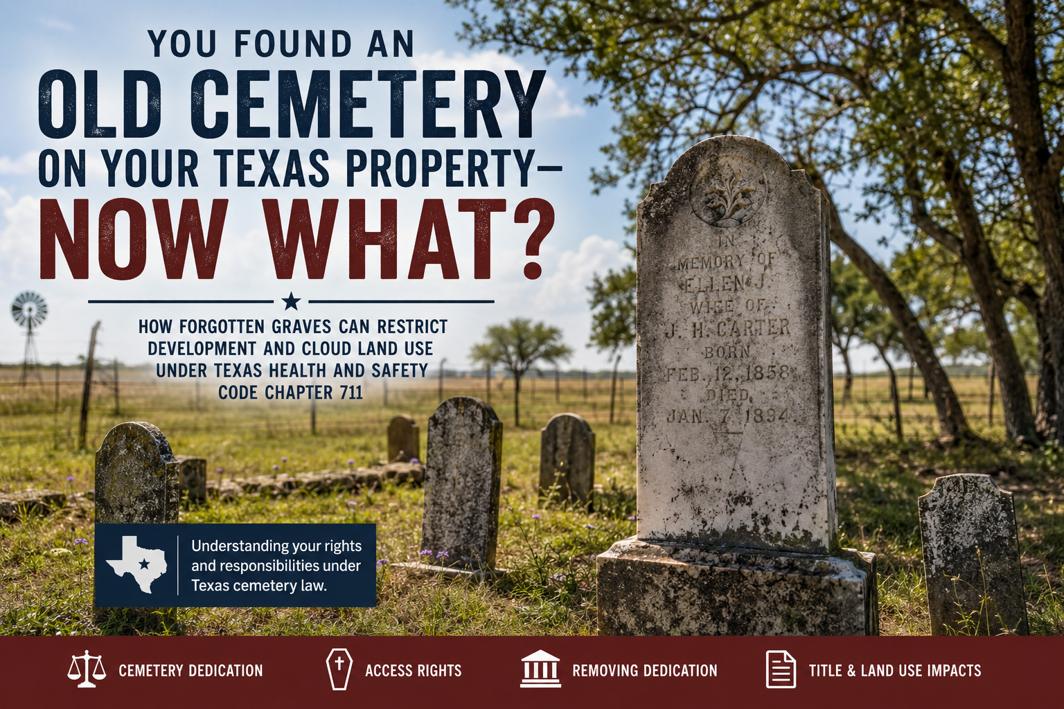 Weathered gravestones in an old rural Texas cemetery illustrating how forgotten graves can affect property development, cemetery access rights, title issues, and land use under Texas Health and Safety Code Chapter 711.