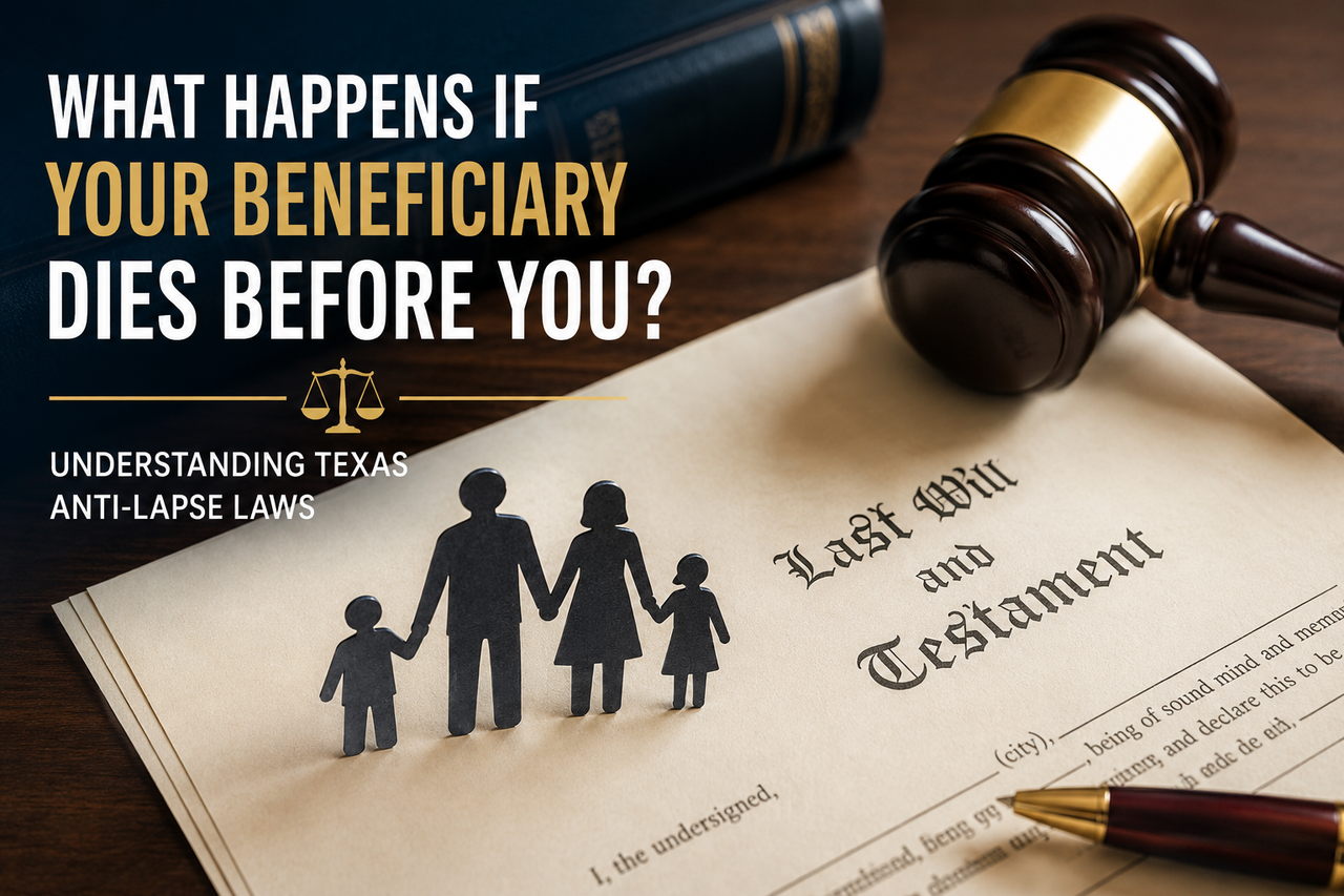 Texas anti-lapse laws illustration with will, gavel, and family figures representing inheritance passing to descendants when a beneficiary dies before the testator.