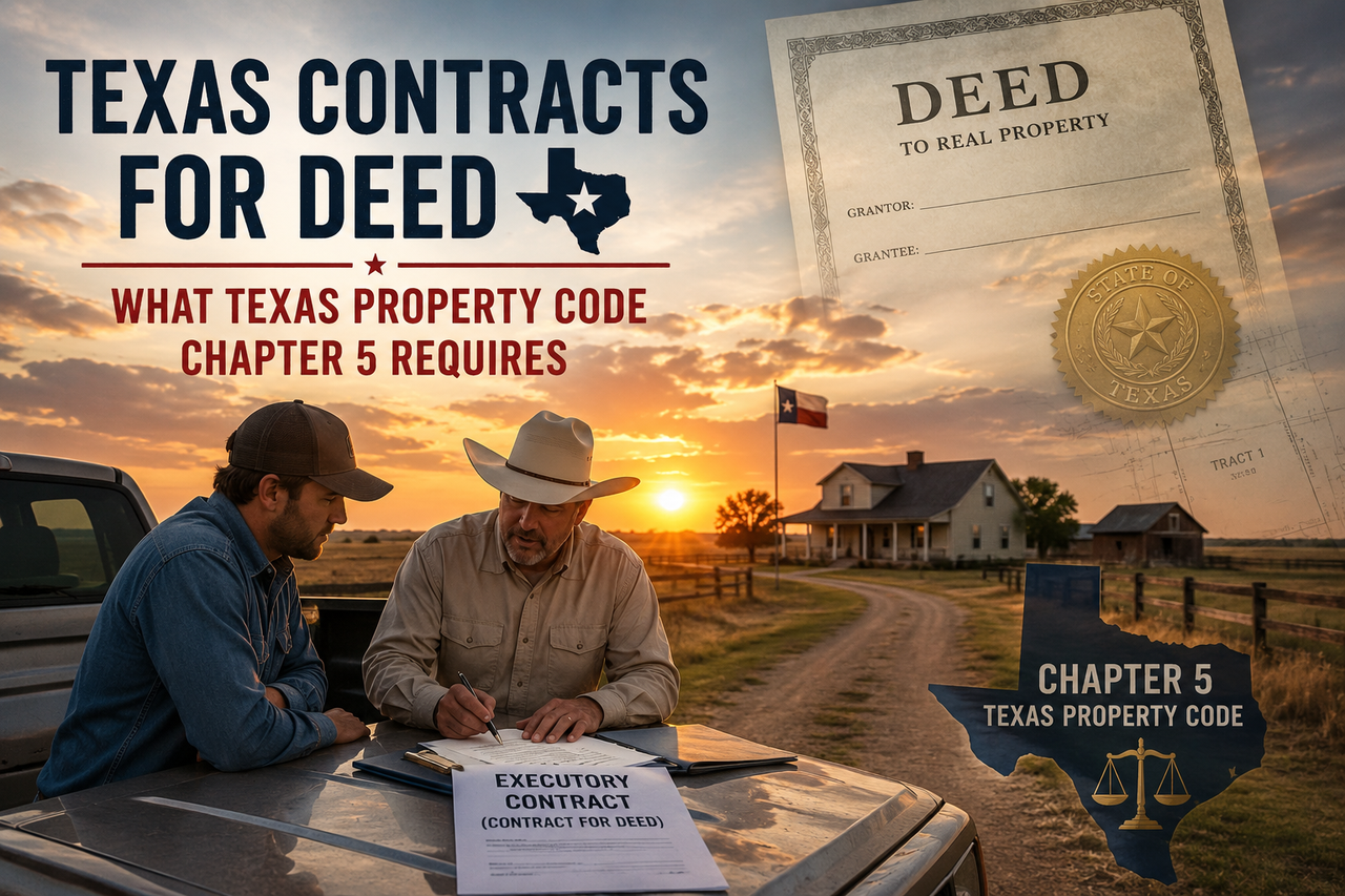Texas contracts for deed illustration showing buyer and seller reviewing an executory contract on rural Texas property, with deed documents and Texas Property Code Chapter 5 references highlighting owner-financed real estate laws and legal requirements.