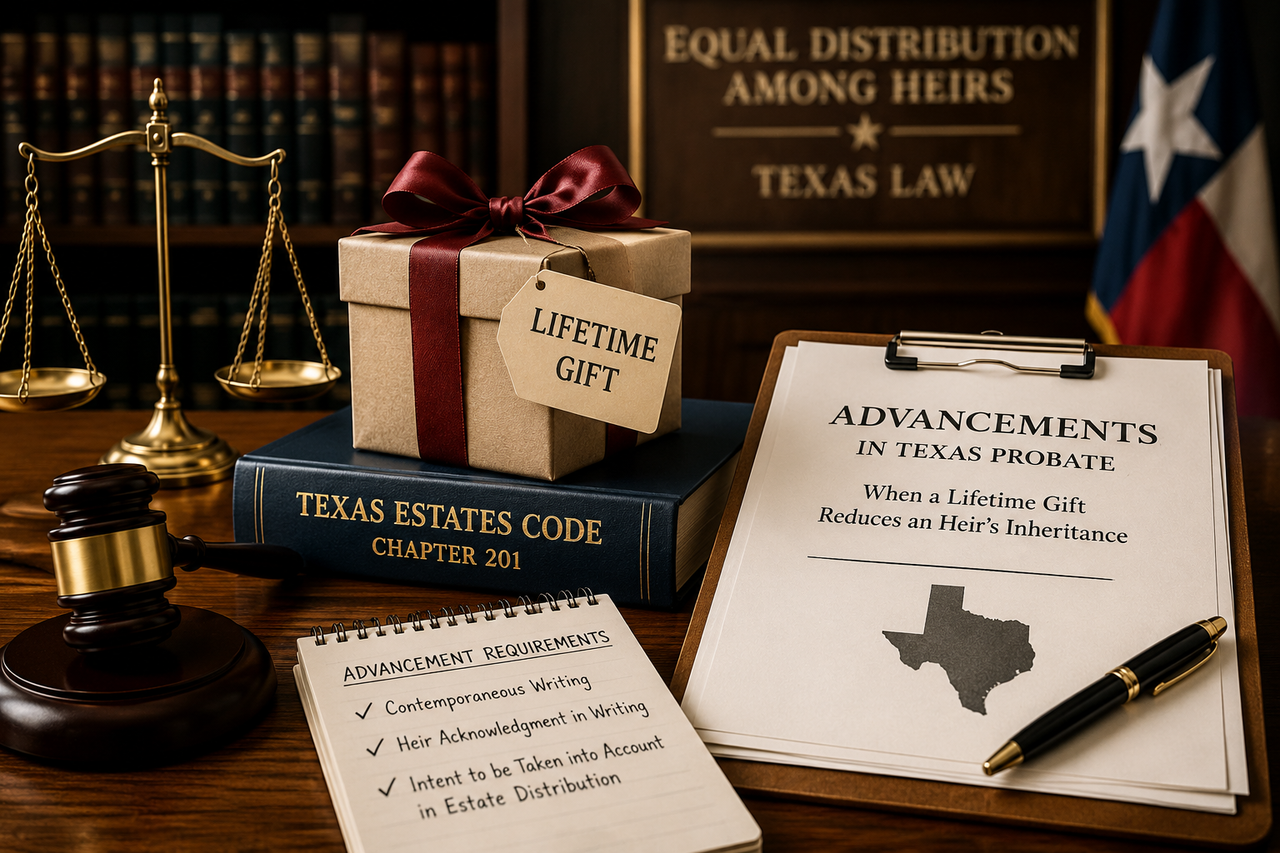 Gift box on a Texas Estates Code book beside legal documents and a gavel, illustrating advancements in Texas probate law and how lifetime gifts can affect inheritance rights.