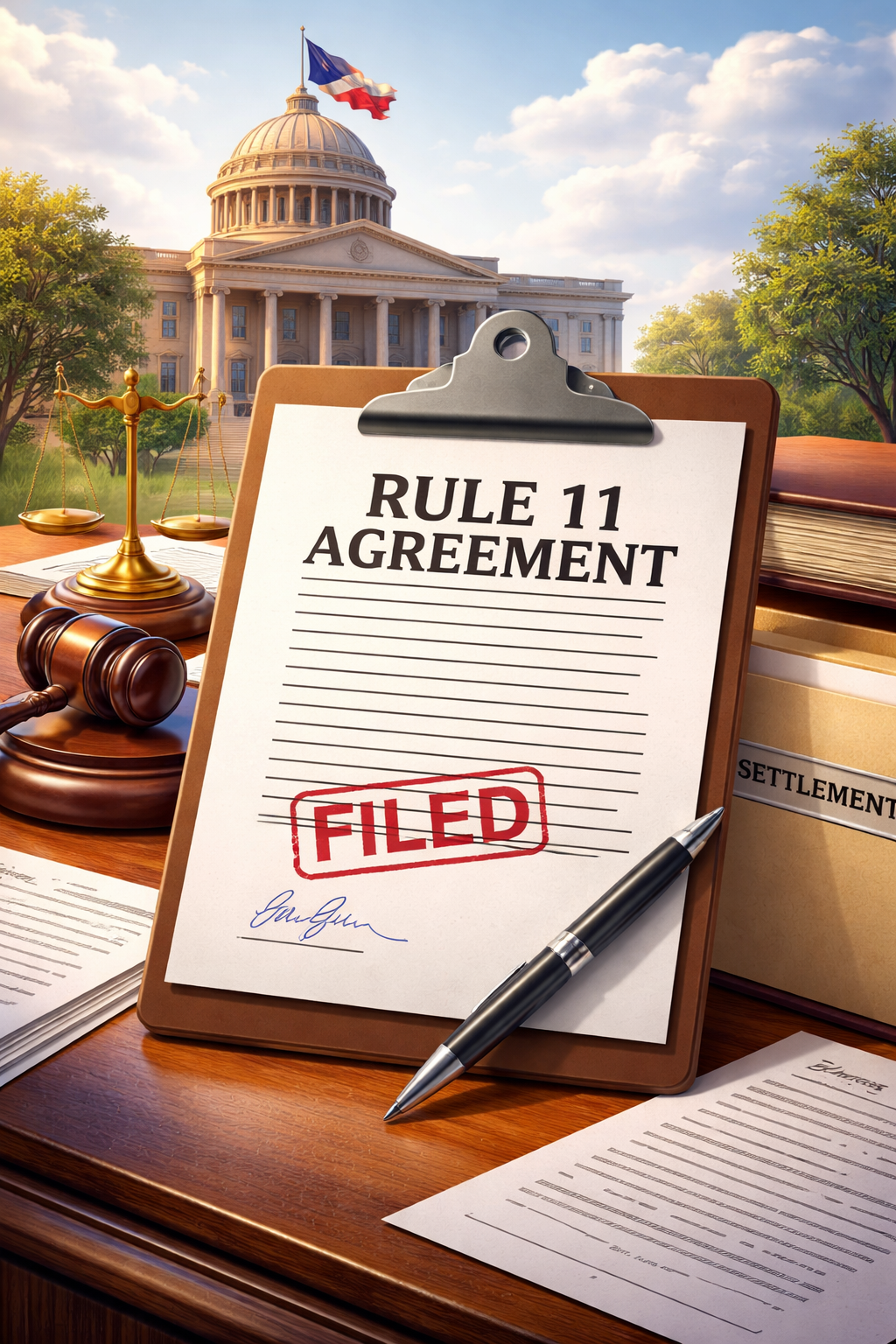 Illustration representing a Texas legal settlement, showing a signed written agreement filed with a courthouse, symbolizing enforceable Rule 11 settlement agreements under Texas law.