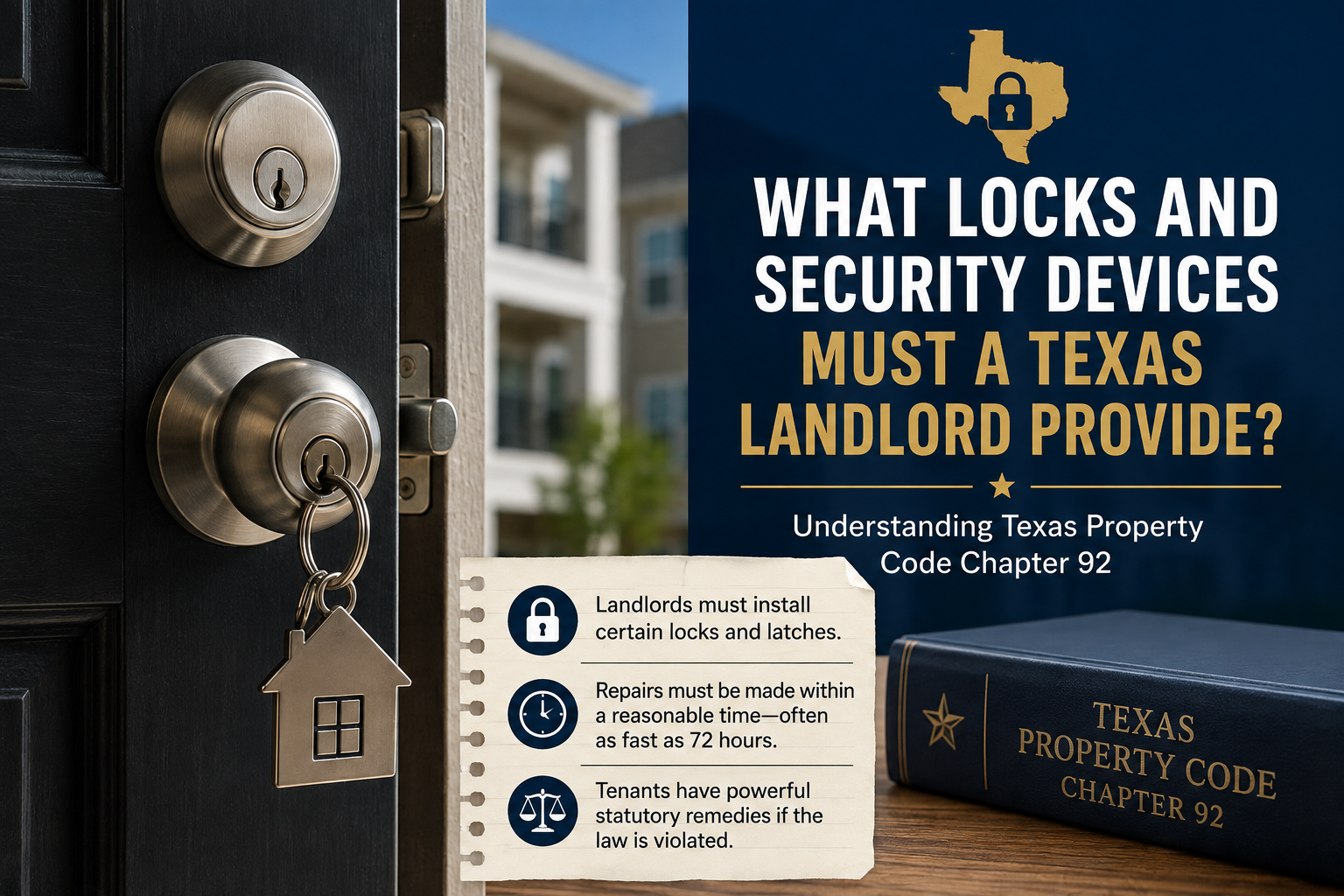 Texas rental property door with deadbolt and keys beside an infographic explaining landlord lock and security device requirements under Texas Property Code Chapter 92.
