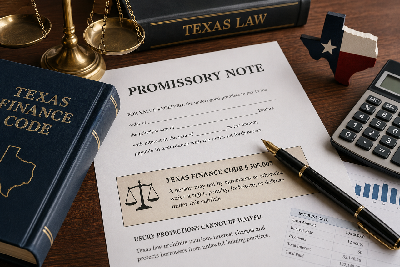 Texas usury law concept image showing a promissory note, Texas Finance Code, scales of justice, calculator, and legal documents representing commercial loans, interest rate regulations, lender compliance, and borrower rights under Texas Finance Code Chapter 305.